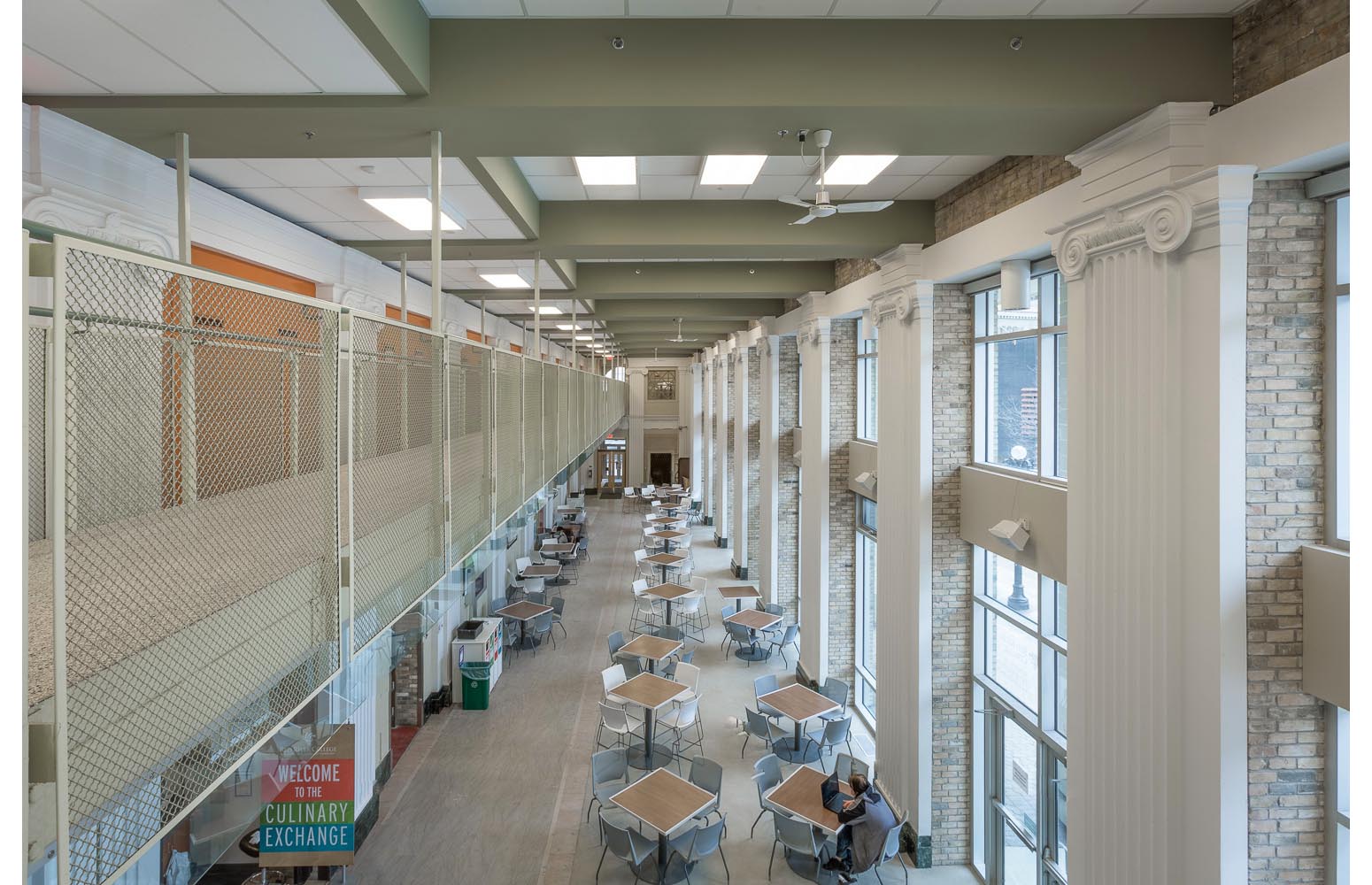  Red River College Culinary Arts &amp; Student Housing, interior photo of atrium from second floor / Photo:  Lindsay Reid  