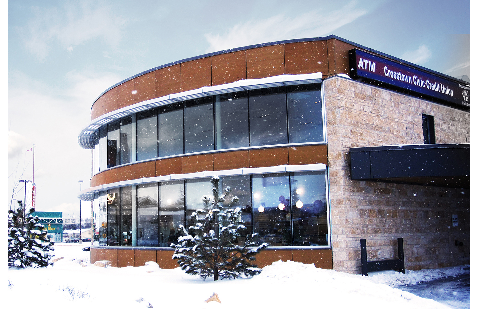  Crosstown Civic Credit Union, exterior photo of building in a snow storm 