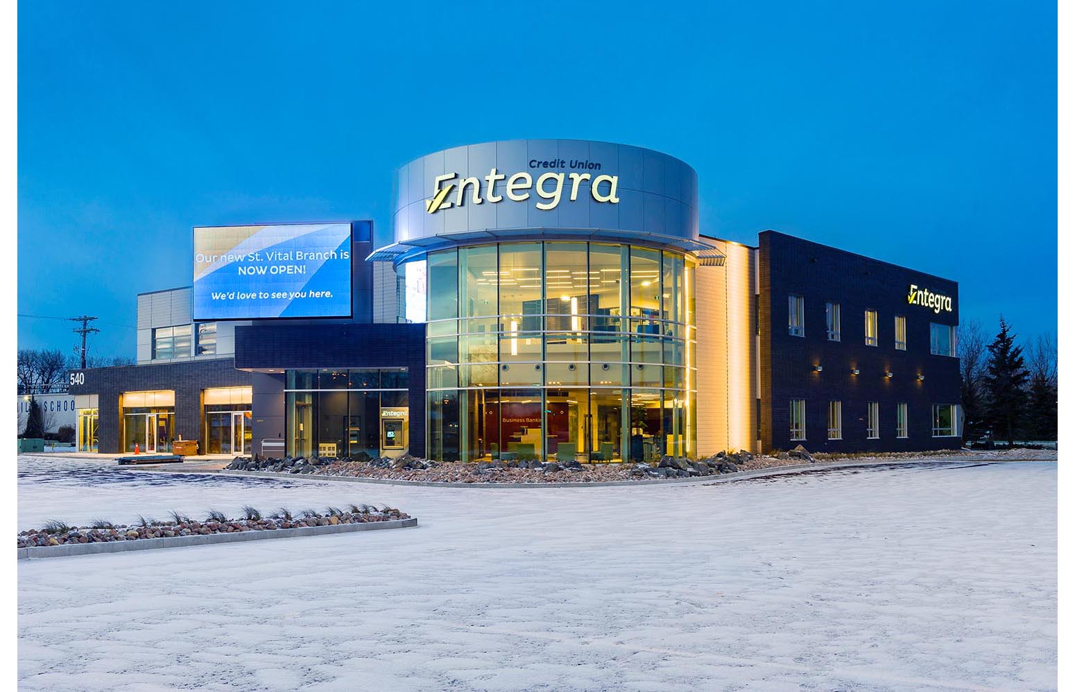  Entegra Credit Union, exterior photo of building at dusk / Photo: Joel Ross 