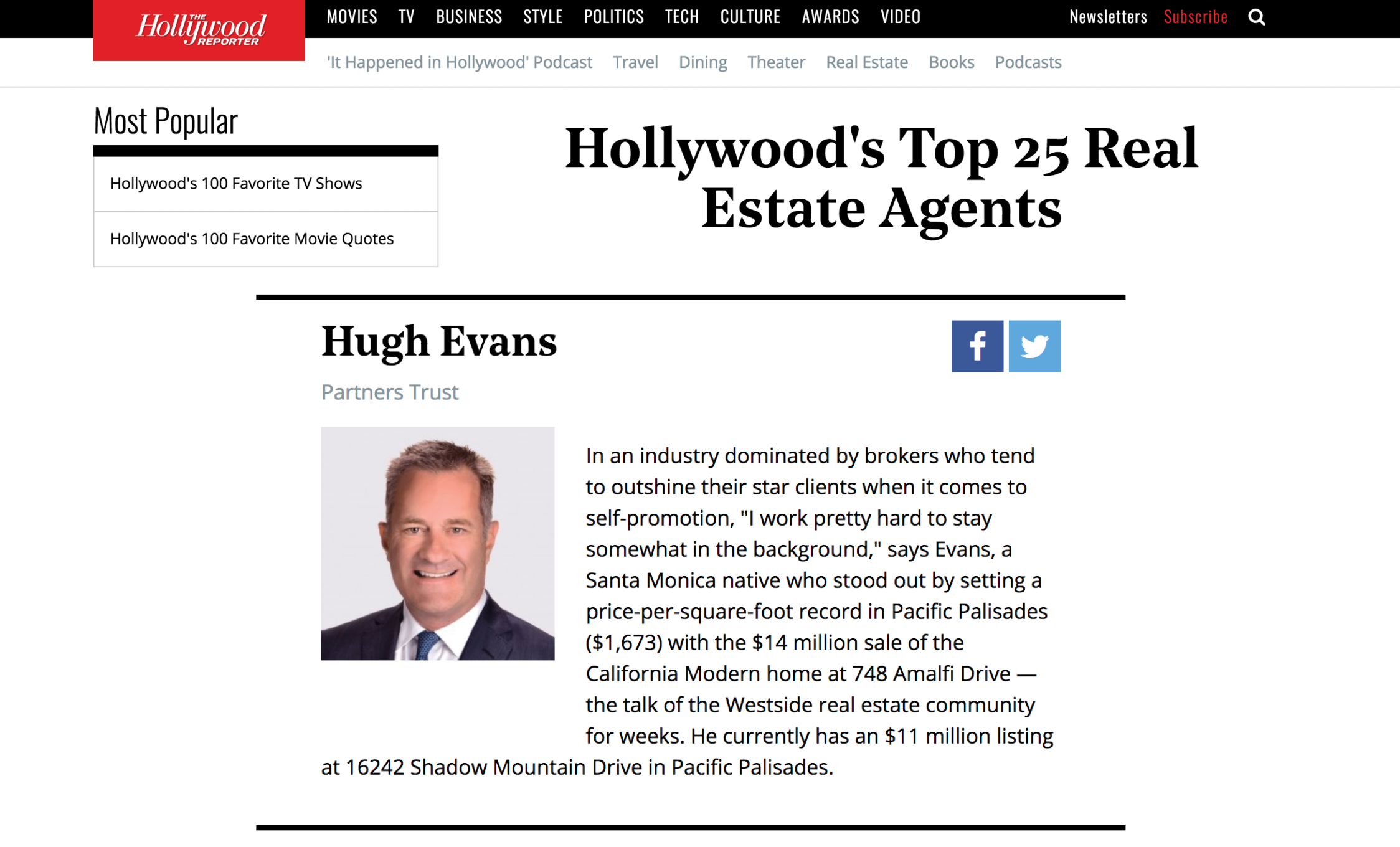 Hugh Evans Named to Hollywood's Top 25 Real Estate Agents List