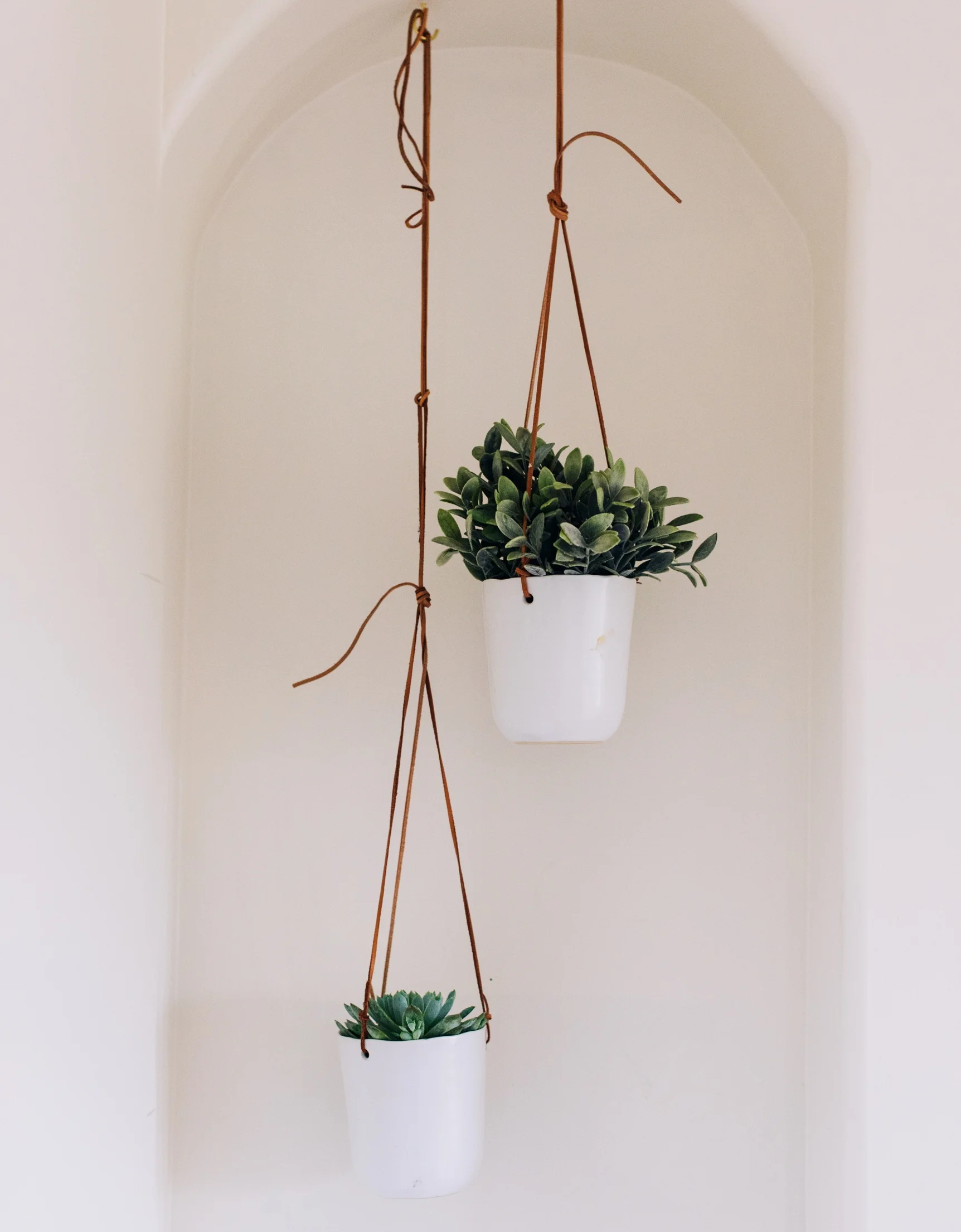 Leather Ceramic Hanging Planter x 2: Urban Outfitters Home (I added additional leather to the low hanging planter)