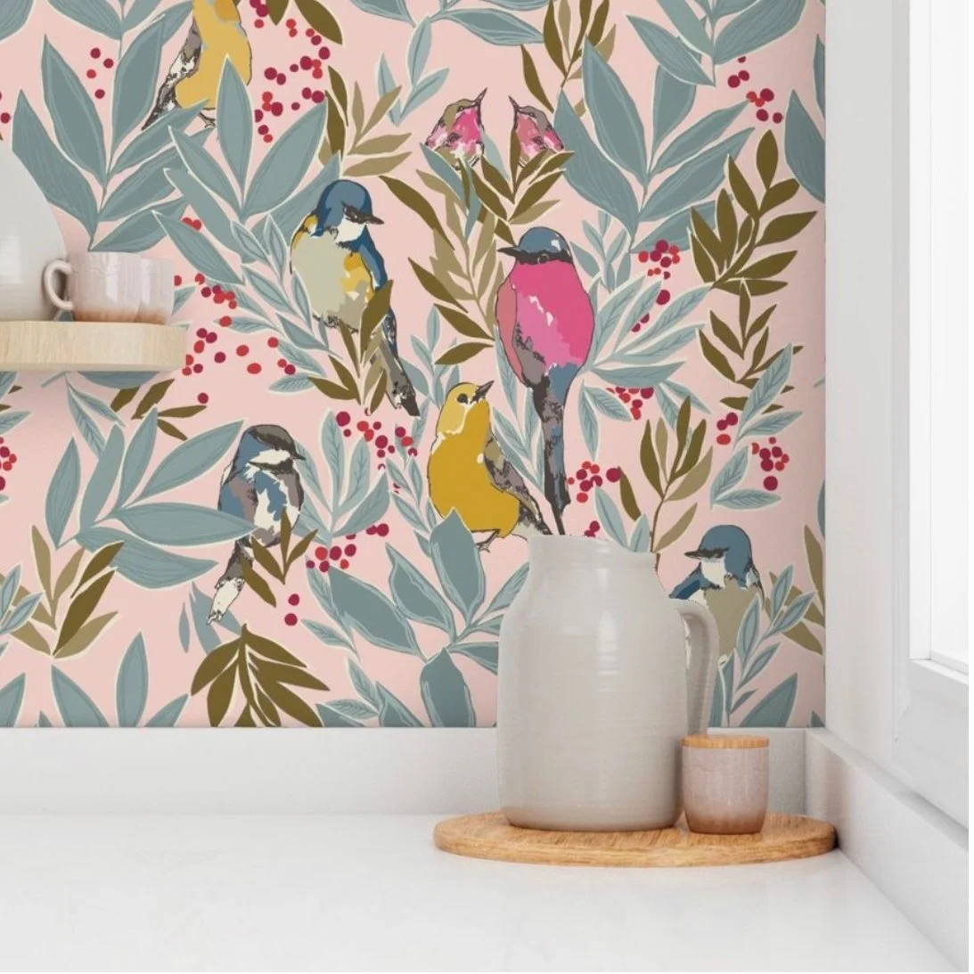  wallpaper created with “Perched” in blush from Fly Away collection. 