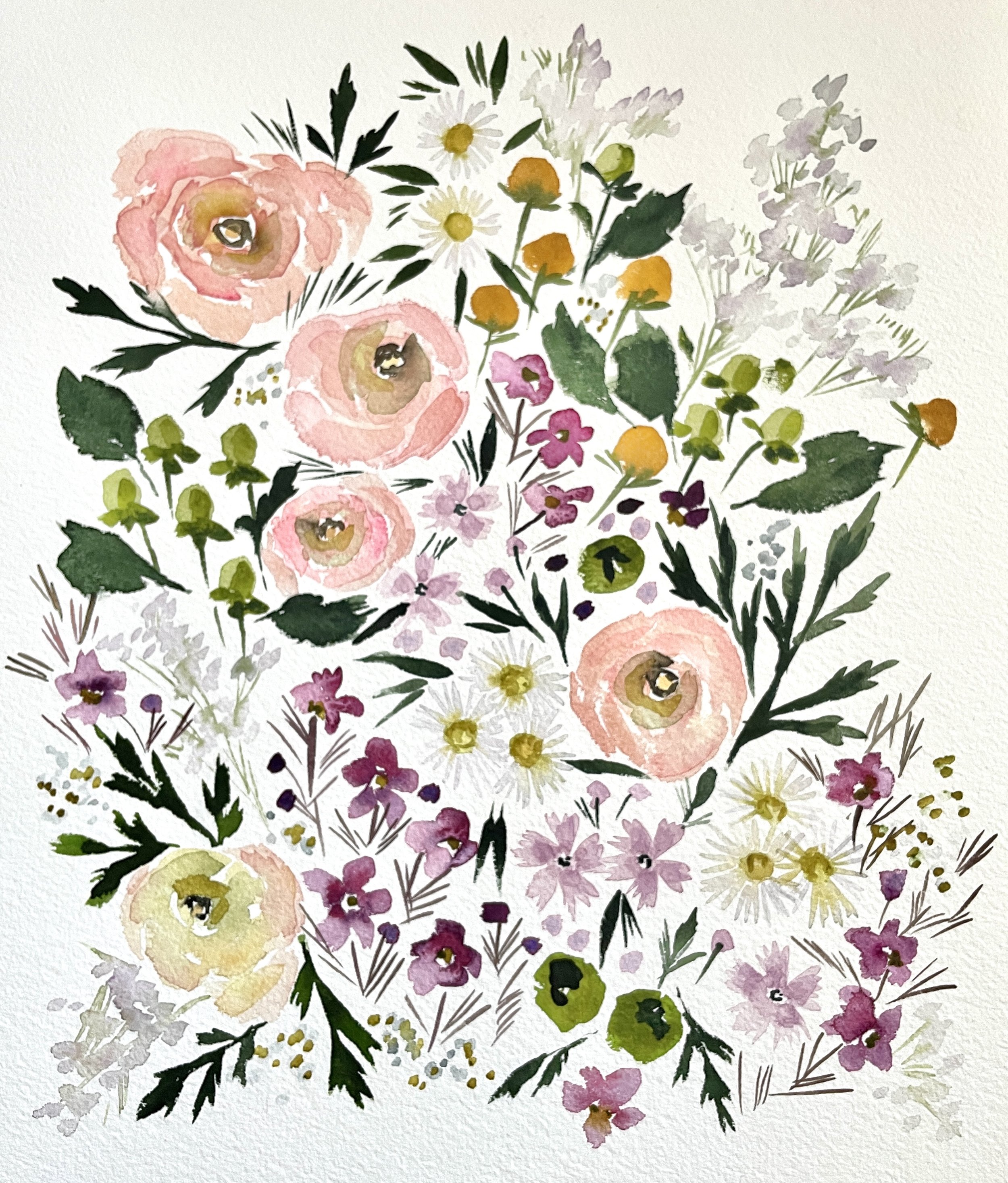 Original Watercolor Floral Painting on 11x14 Inch Cotton Paper with  Ranunculus Bouquet and Foliage — Kara Aina Art