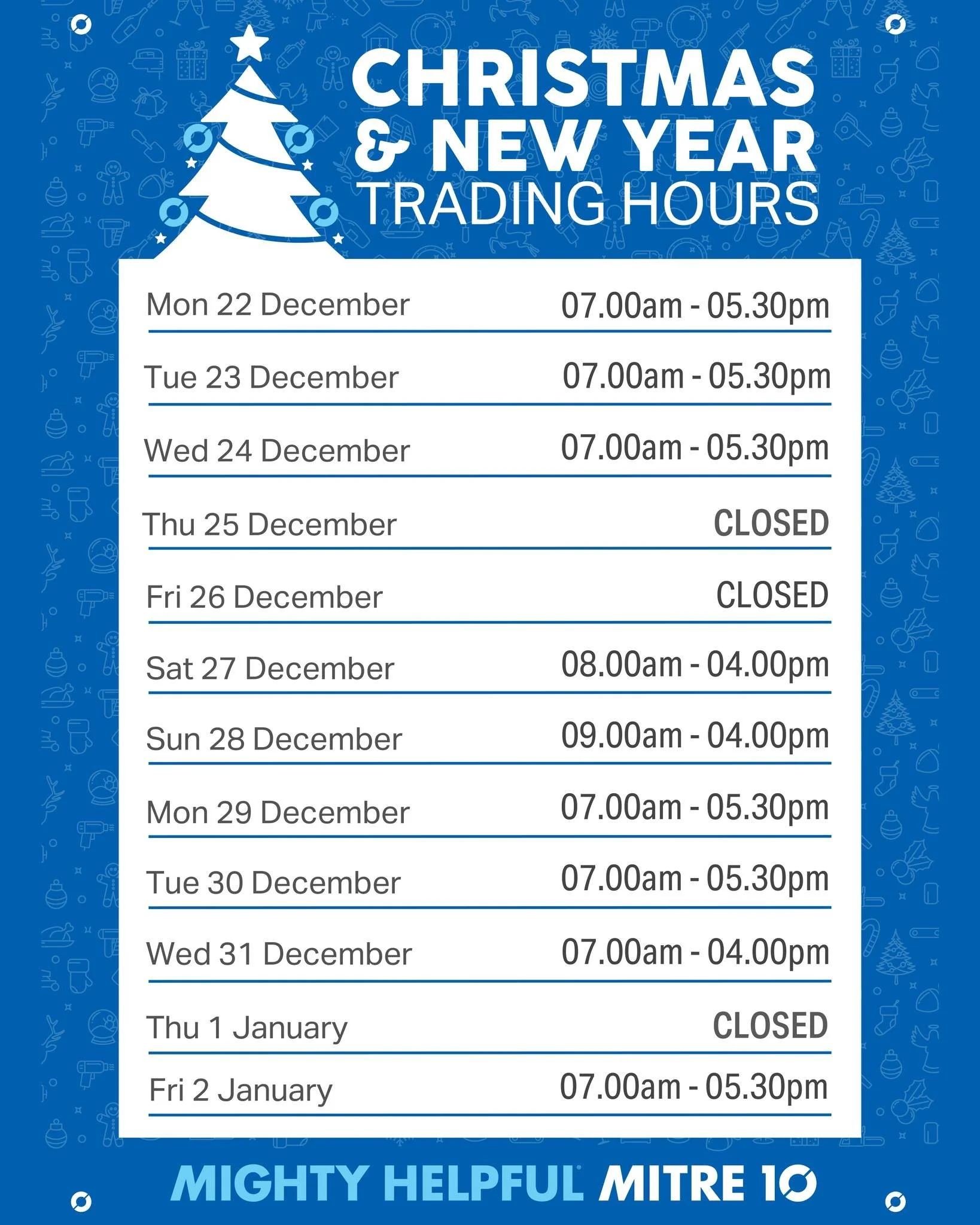 ✨🎄 Holiday Trading Hours 🎄✨

Christmas is just around the corner! Check out our festive season opening hours below.
Thank you for your incredible support this year &mdash; we wish you all a safe and joyful Christmas and New Year! 
💙