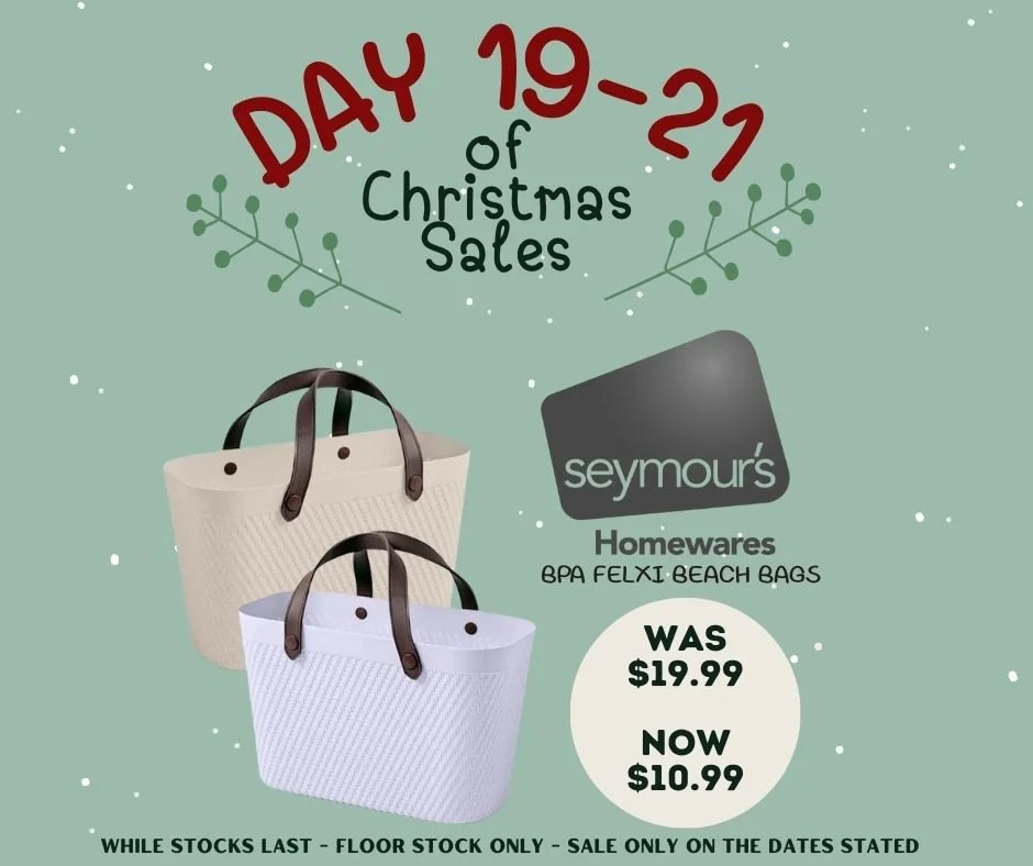 🎄✨ DAY 19&ndash;21 of our Christmas Sales! ✨🎄

Get summer-ready with the perfect beach companion &mdash; stylish, practical and easy to clean! 🏖️☀️

Our Seymour&rsquo;s BPA Flexi Beach Bags are now just $10.99 (was $19.99!) &mdash; ideal for beach