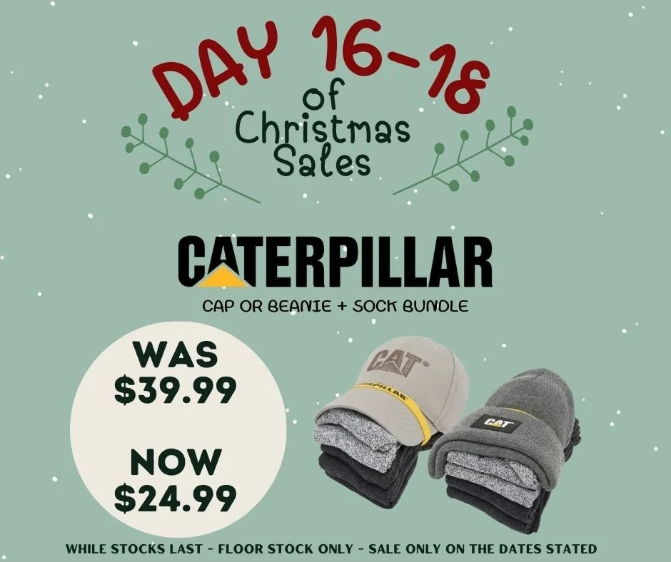 🎄✨ DAY 16&ndash;18 of our Christmas Sales! ✨🎄

Get sorted for work, weekends and last-minute gifting with this unbeatable bundle! 👷🧦🧢

Our CATERPILLAR Cap or Beanie + Sock Bundle is now just $24.99 (was $39.99!) &mdash; the perfect practical gif