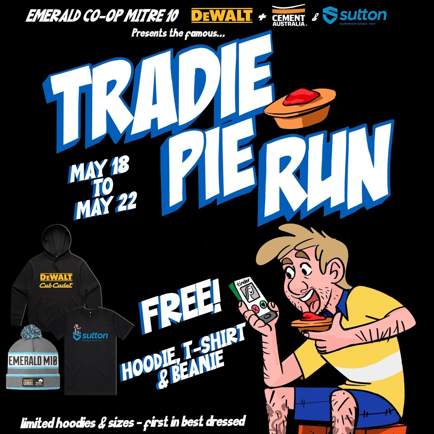 Our famous Tradie Pie Run is back for 2026 - this time thanks to @dewalt_australia @cubcadetaus @suttontools and @cementaustralia 

Spaces are super limited so can in quickly at emeraldco-op.com.au/pierun

Please note: registration doesn't guarantee 