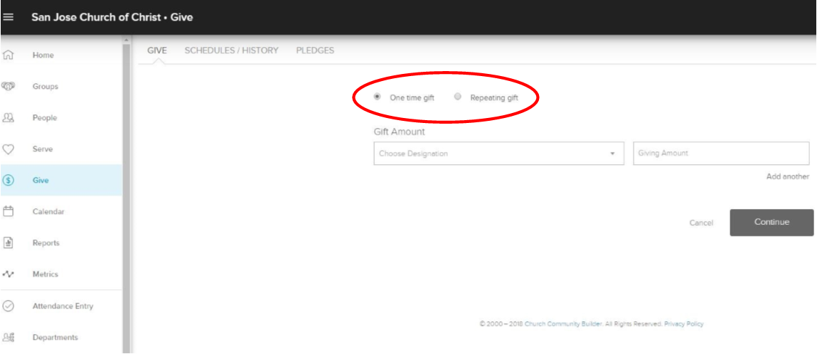 CCB Give screen with one time and recurring gifts highlighted.png