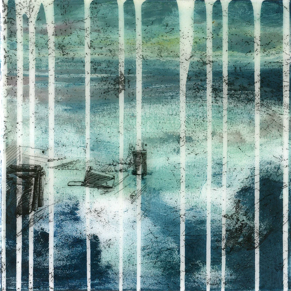Remnants Seascape. Mixed Media, Acrylic, Ink and Resin On Canvas. 40 x 40cm 