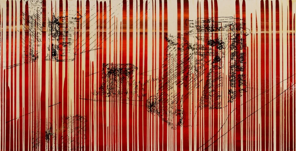Remnants . Mixed Media Acrylic Oil Plastic Ink Transfer Prints Resin On Paper and Canvas. 101 x 198cm