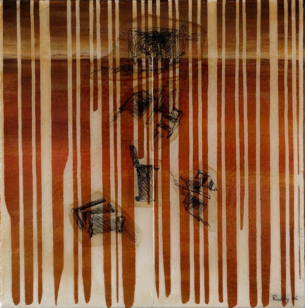 Remnants No.24 . Mixed Media Acrylic Oil Needles and Cotton Thread Plastic Ink Transfer Prints Resin on Paper and Canvas. 40 x 40cm