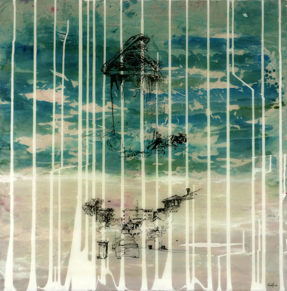 Remnants No.69 . Mixed Media Acrylic Oil Plastic Ink Transfer Prints Resin on Paper and Canvas. 76 x 76cm