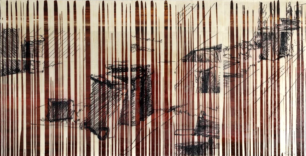 Urban Landscape Red. Mixed Media Acrylic Oil Plastic Ink Transfer Prints Resin on Paper and Canvas. 101 x 198cm