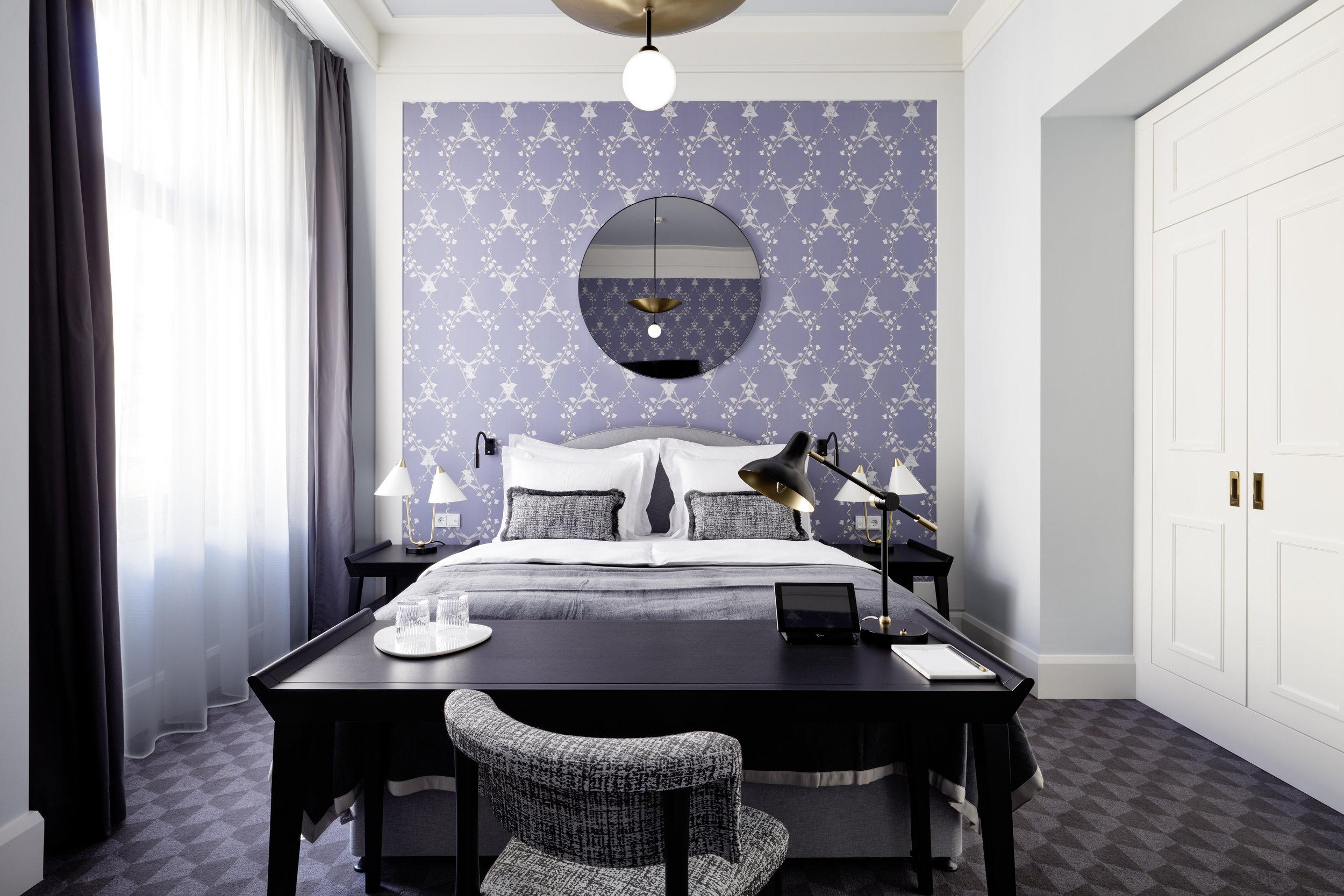 Deluxe room with Morning Glory wallpaper in custom Lavender