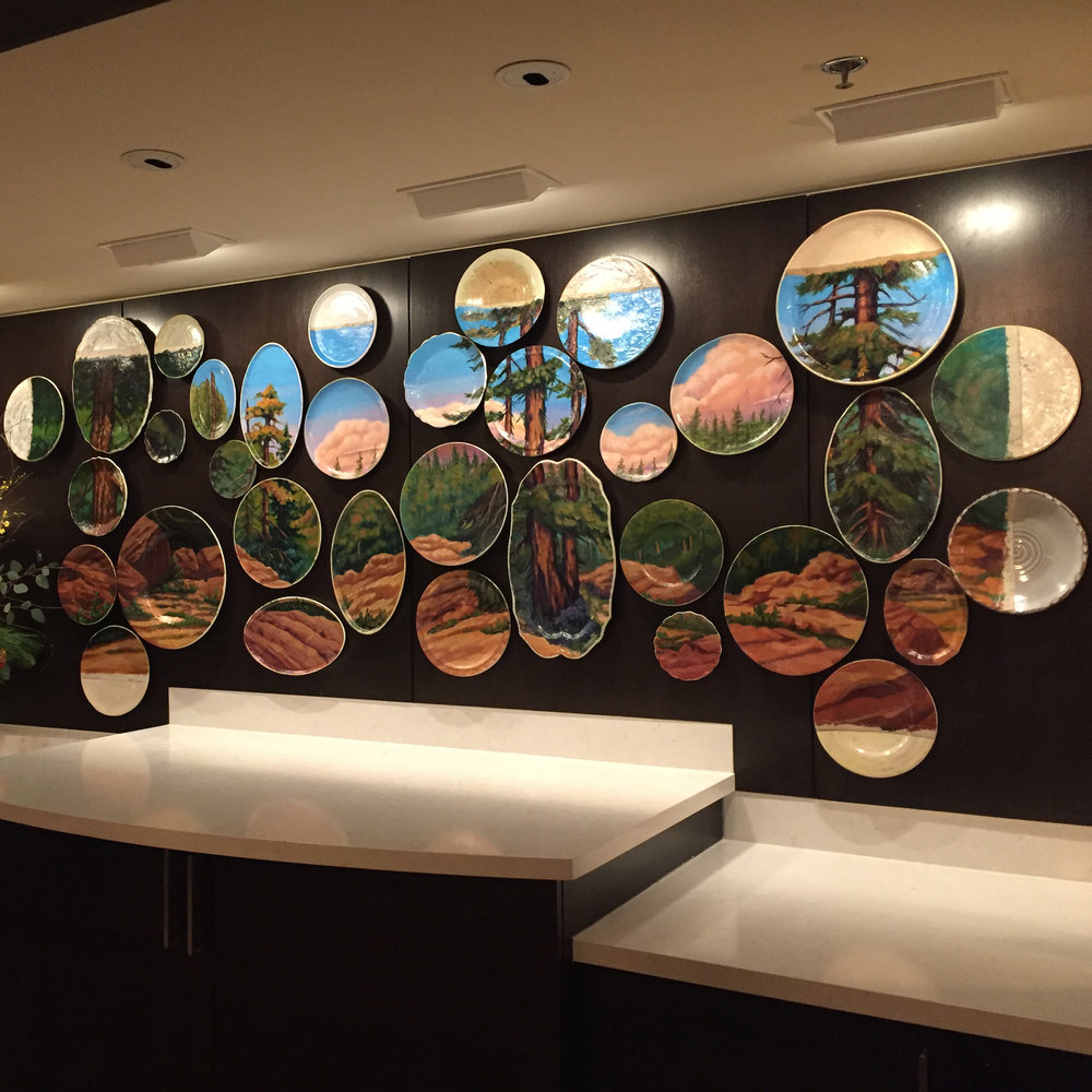  Installation of hand made hand painted plates on hotel lounge wall, Contemporary Ceramics, DeSimoneWayland 
