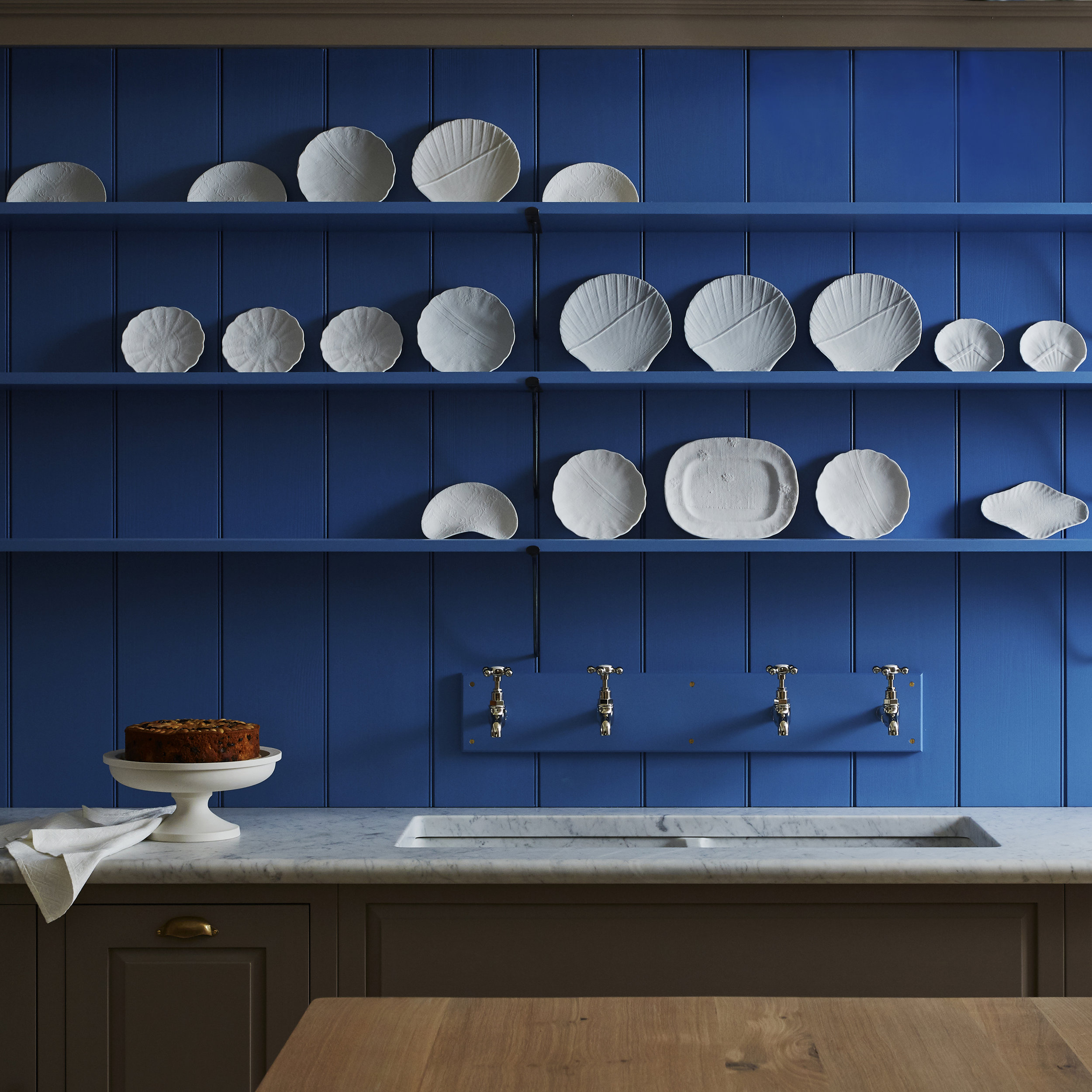 custom installation of white porcelain plates on kitchen wall, Contemporary Wallpaper, Studio DeSimoneWayland