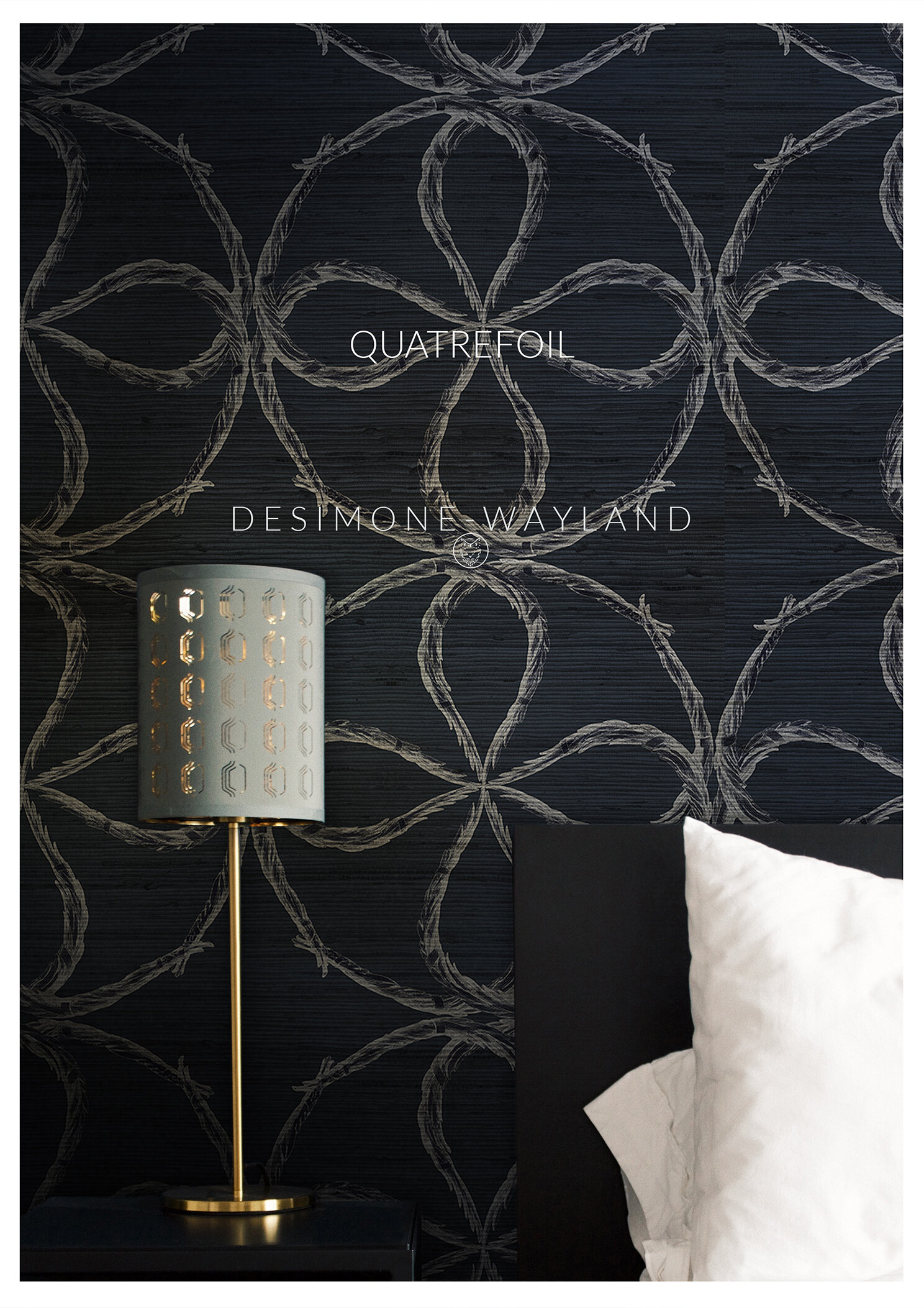 Quatrefoil wallcovering on faux silk in contemporary bedroom