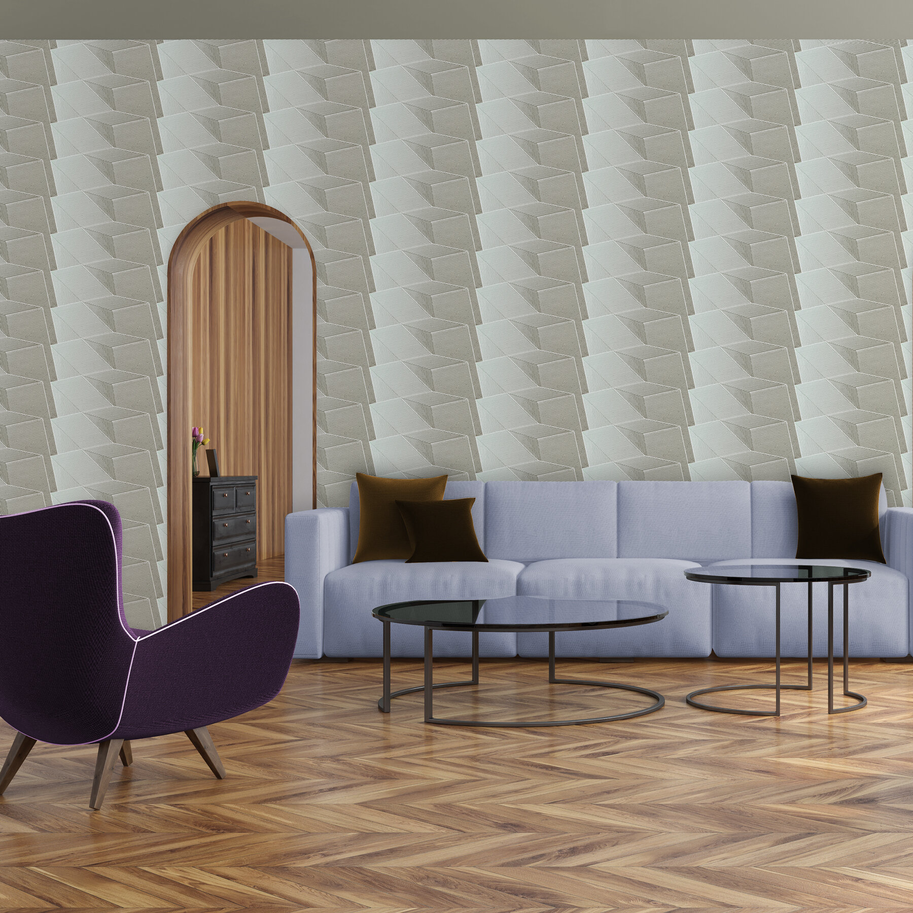 Euclid - White Sand, Geometric Wallpaper, Lounge, Sofa