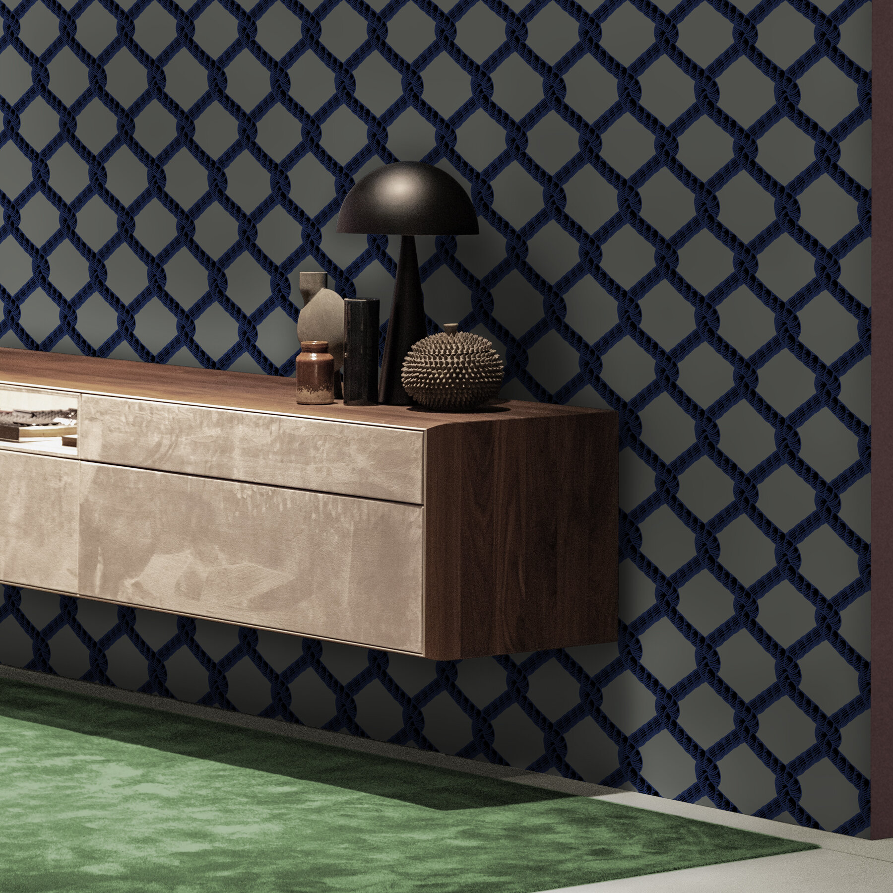 Net - Midnight Blue, Geometric Wallpaper, Cabinet, Lamp, Contemporary Style
