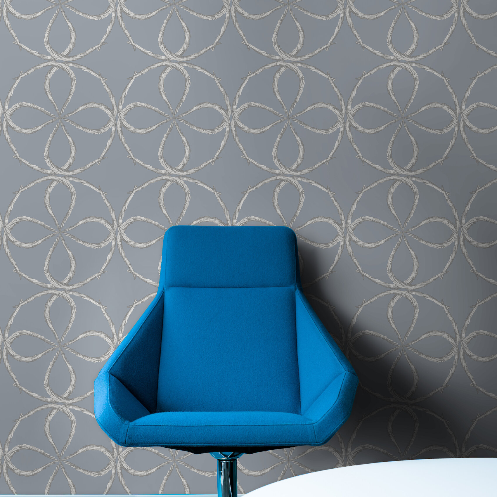 Quatrefoil - Silver, Antique Style Wallpaper, Blue Armchair, Studio DeSimoneWayland