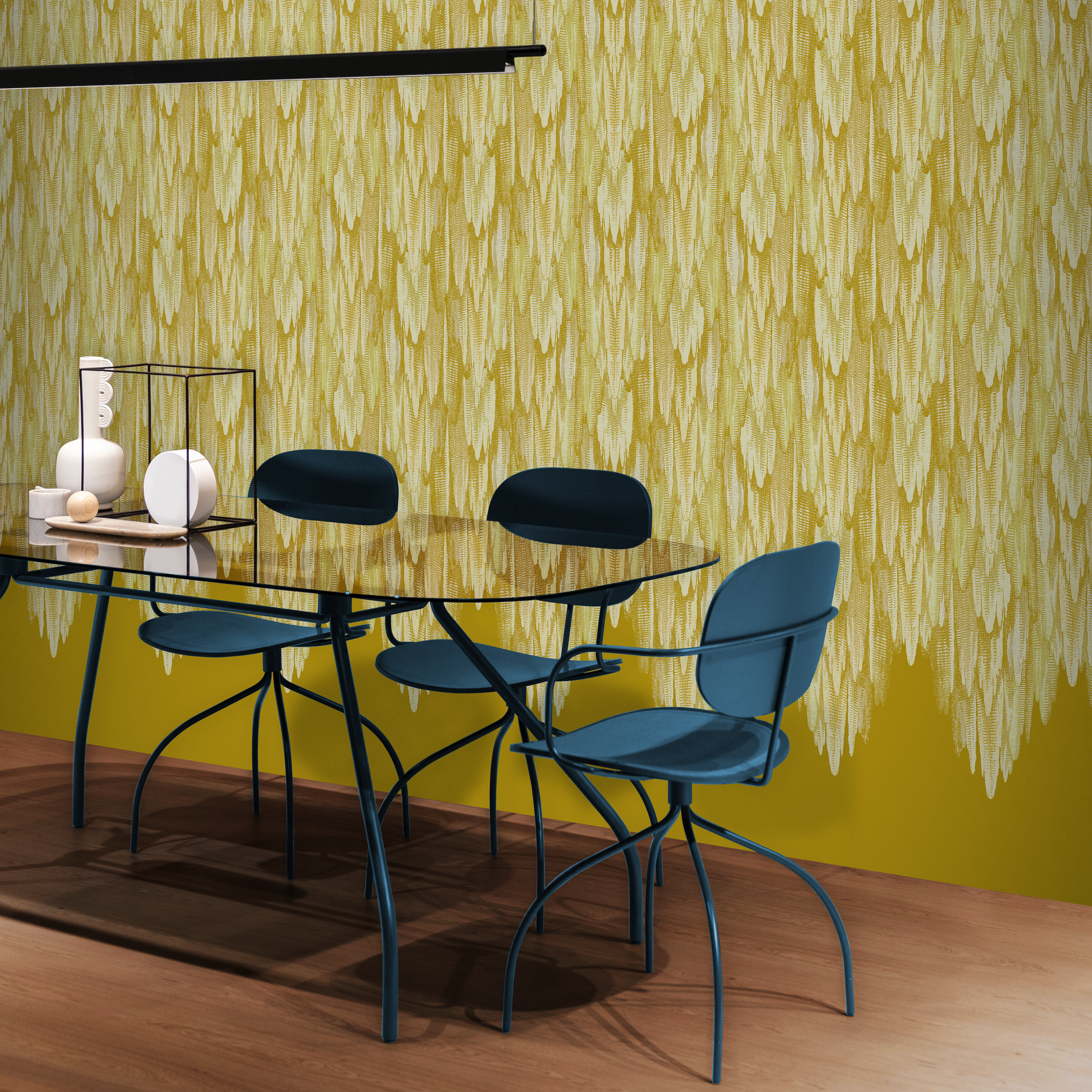 Grotto - Turmeric Mica, Antique Style Wallpaper, Contemporary Dining Table, Studio DeSimoneWayland