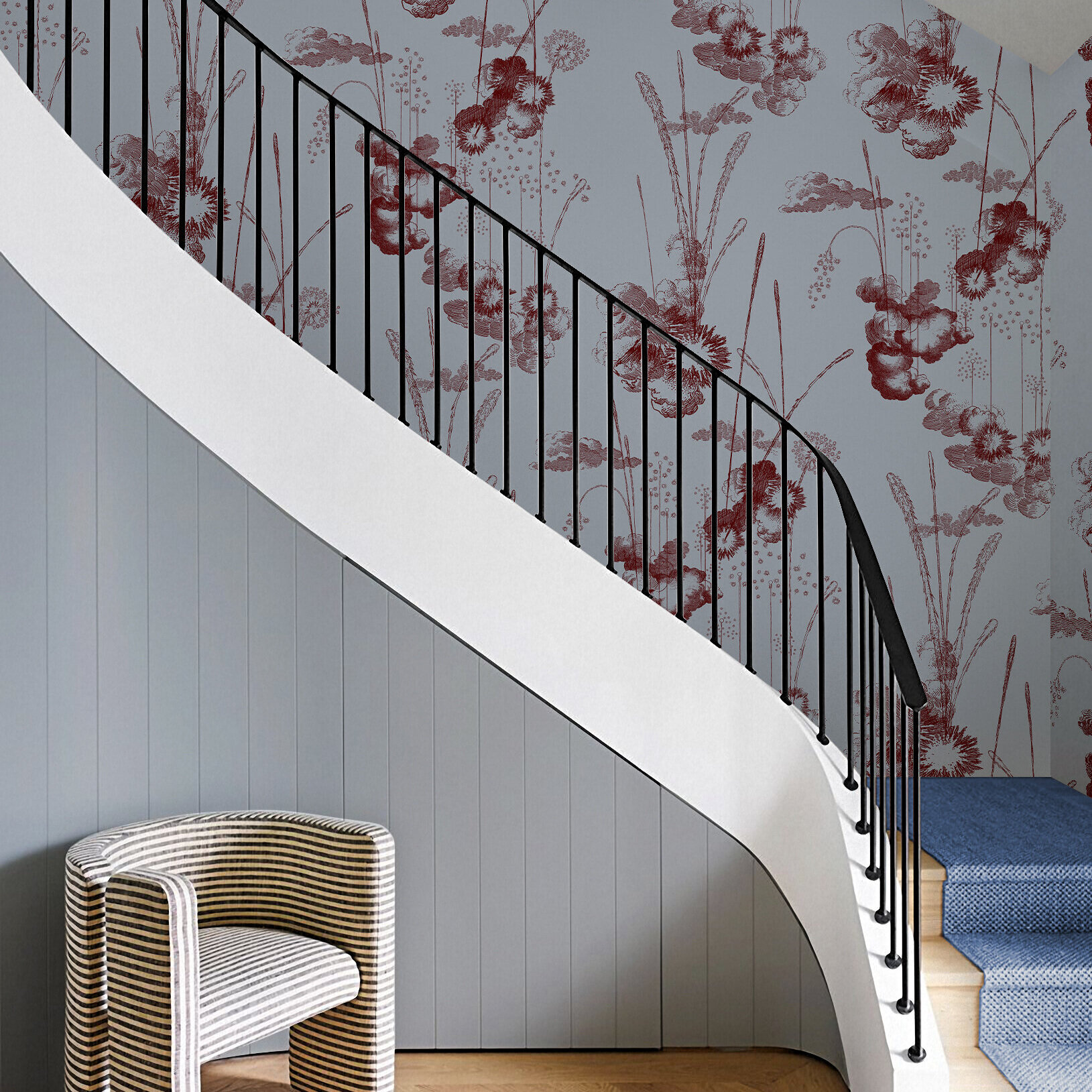 Grand Final - Rust Red, Antique Style Wallpaper, Fireworks, Staircase, Studio DeSimoneWayland
