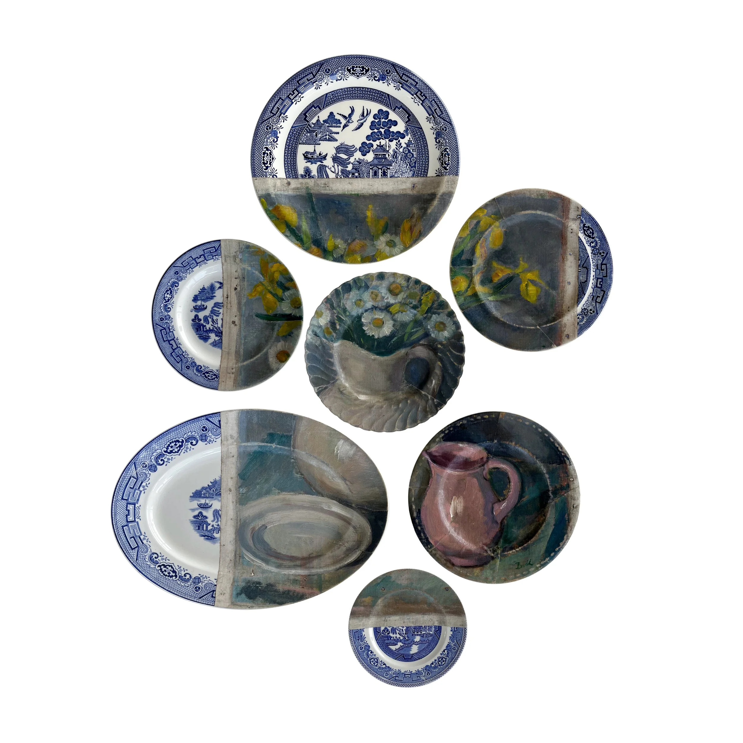 Unique wall installation featuring a collage of plates combined with a painting in oil on canvas