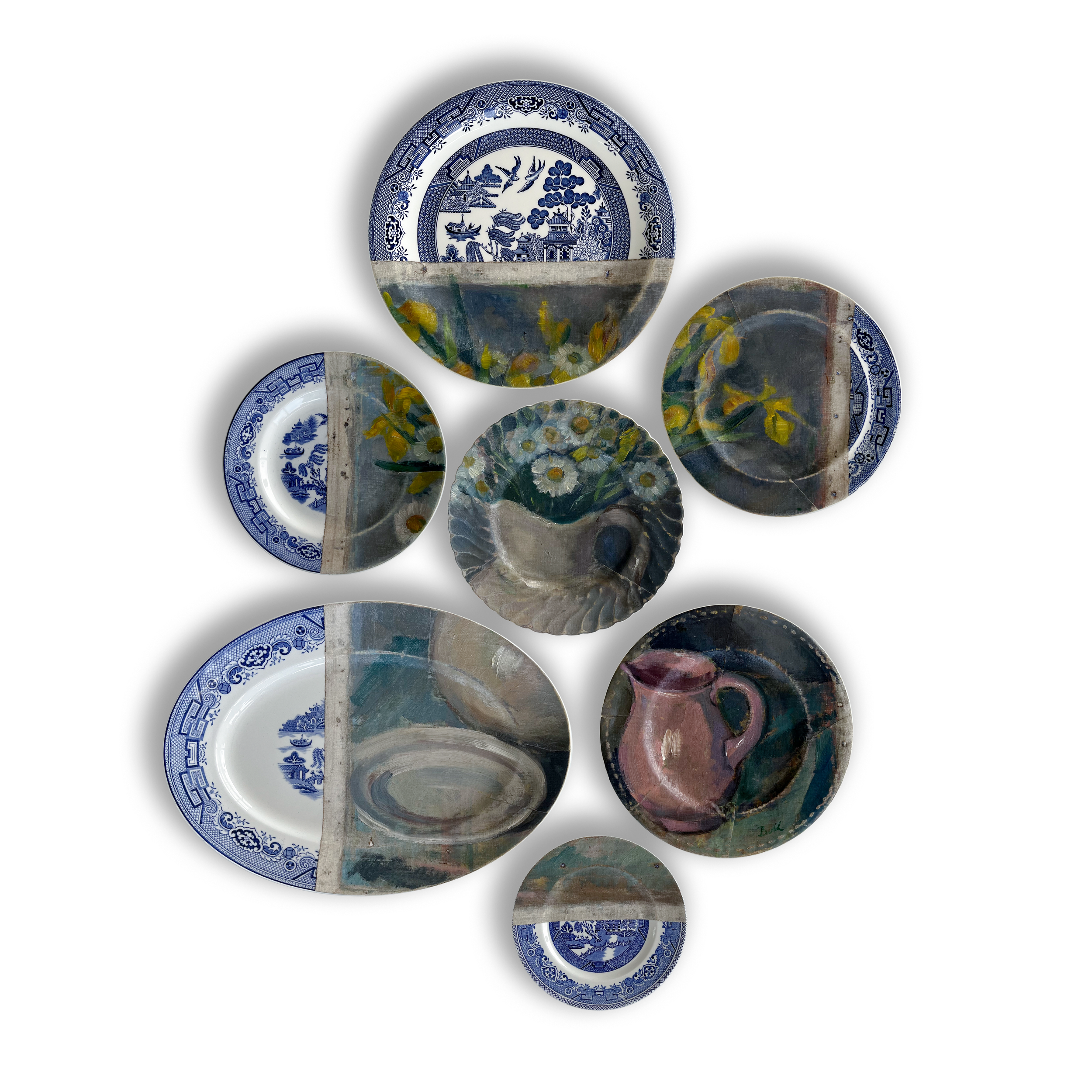 Unique wall installation featuring a collage of plates combined with a painting in oil on canvas