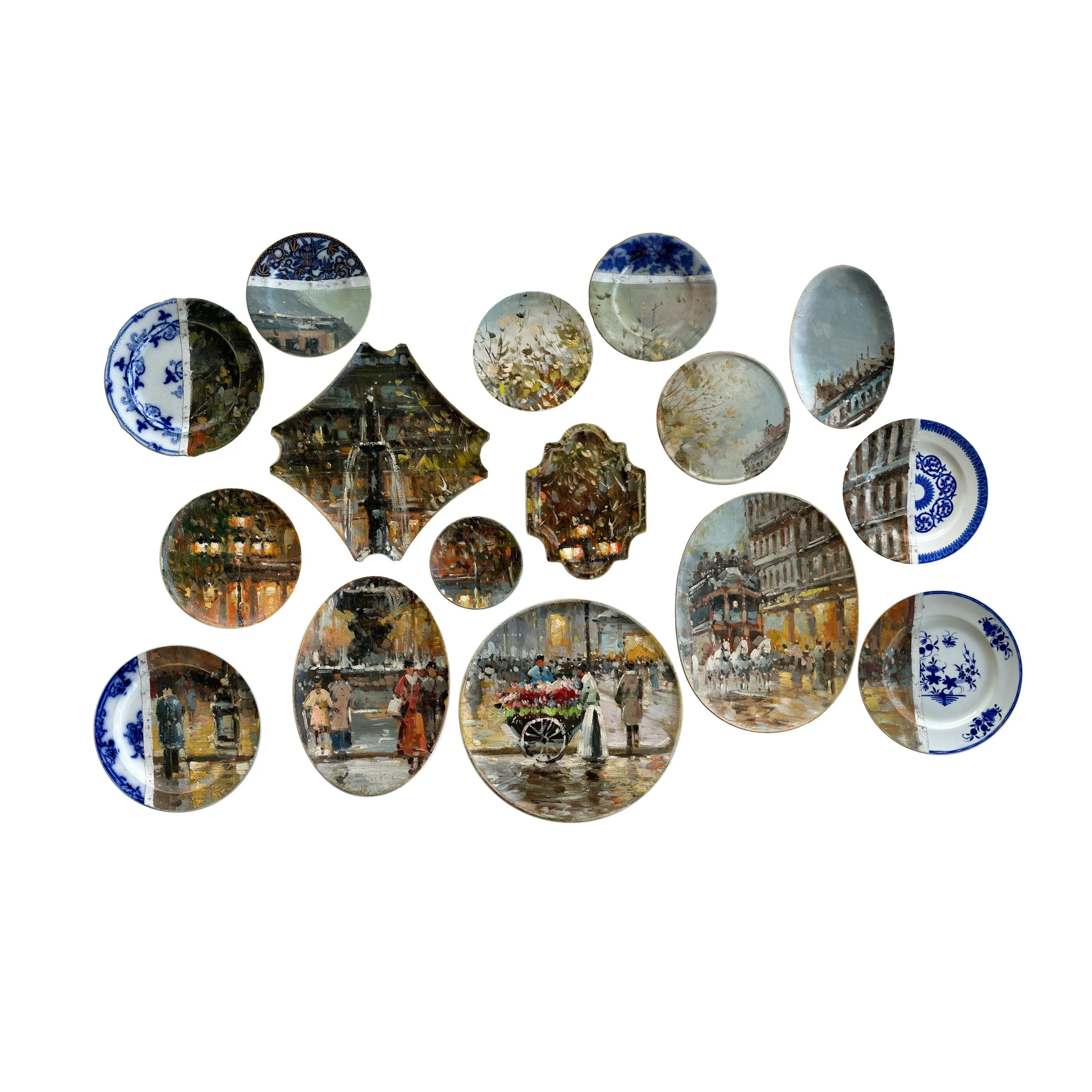 Unique wall installation featuring a collage of plates combined with a painting in oil on canvas