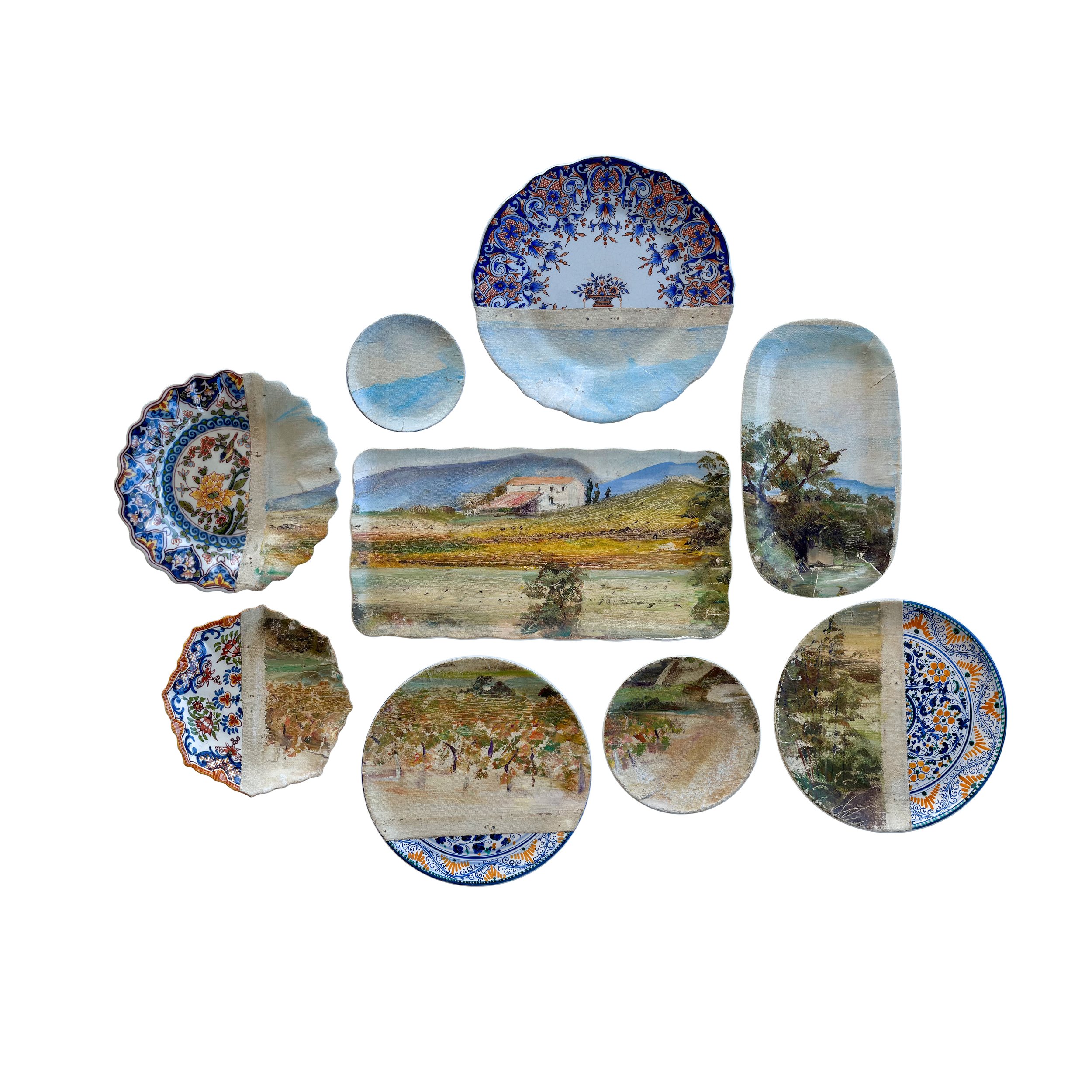 Unique wall installation featuring a collage of plates combined with a painting in oil on canvas