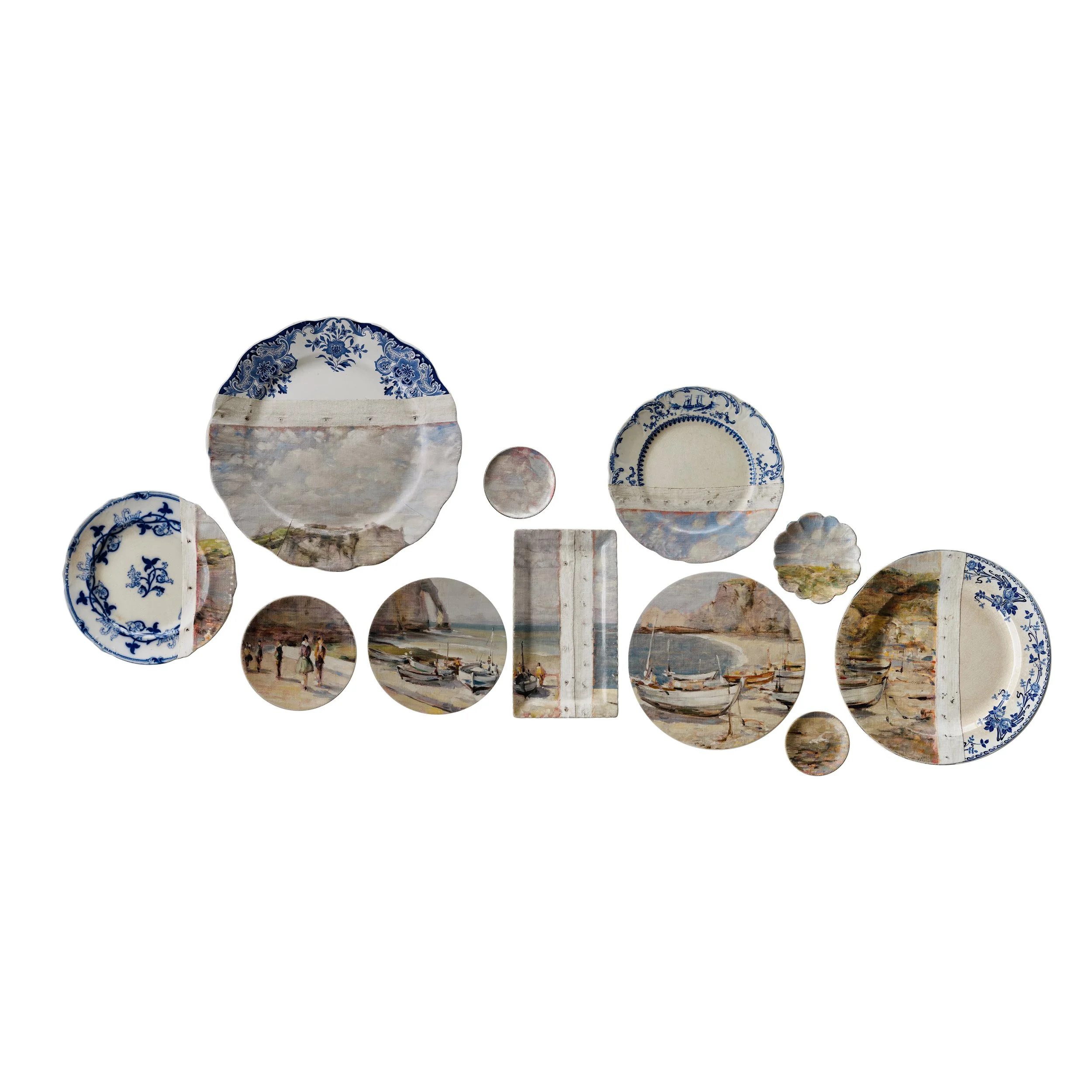 Unique wall installation featuring a collage of plates combined with a painting in oil on canvas
