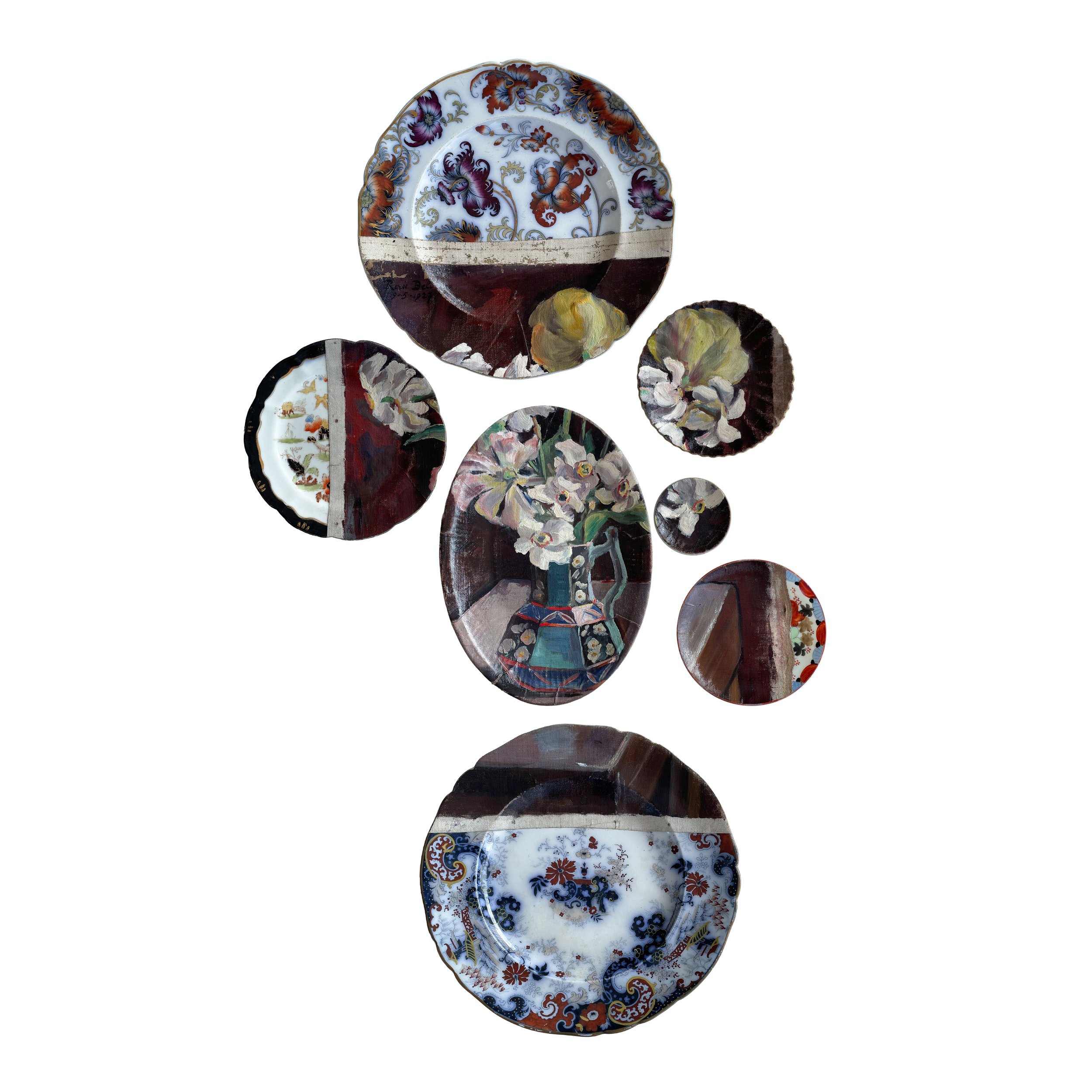 Unique wall installation featuring a collage of plates combined with a painting in oil on canvas