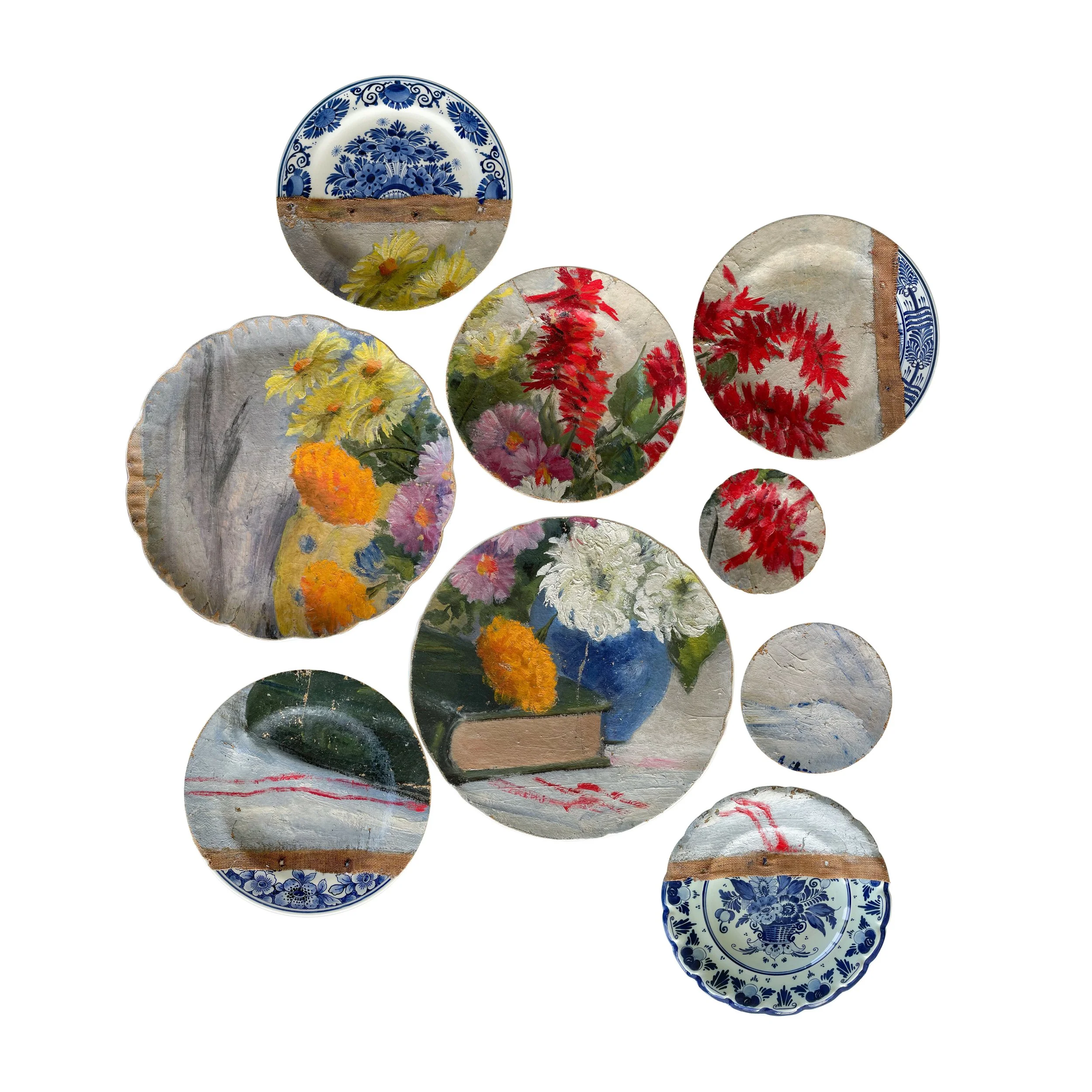 Unique wall installation featuring a collage of plates combined with a painting in oil on canvas