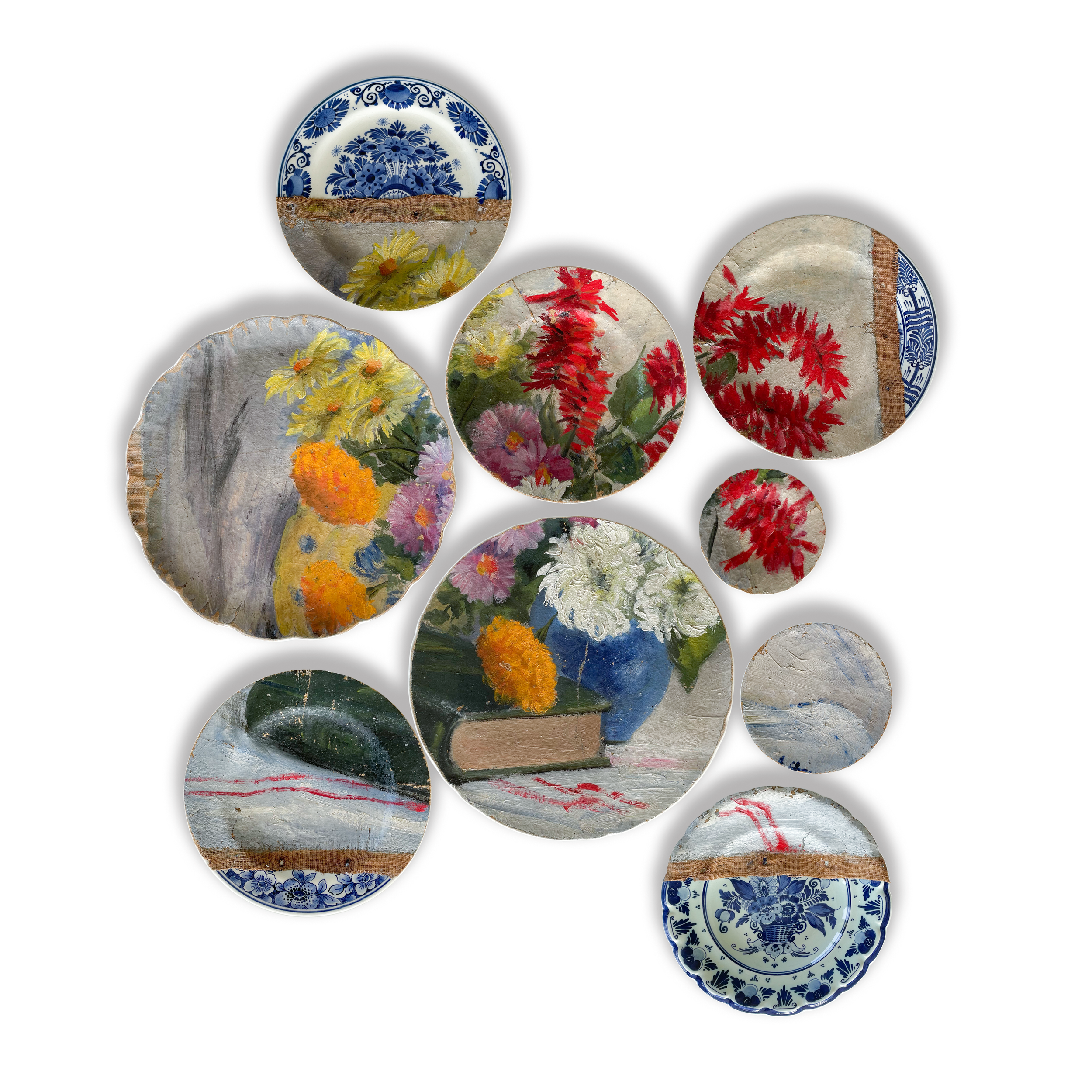 Unique wall installation featuring a collage of plates combined with a painting in oil on canvas