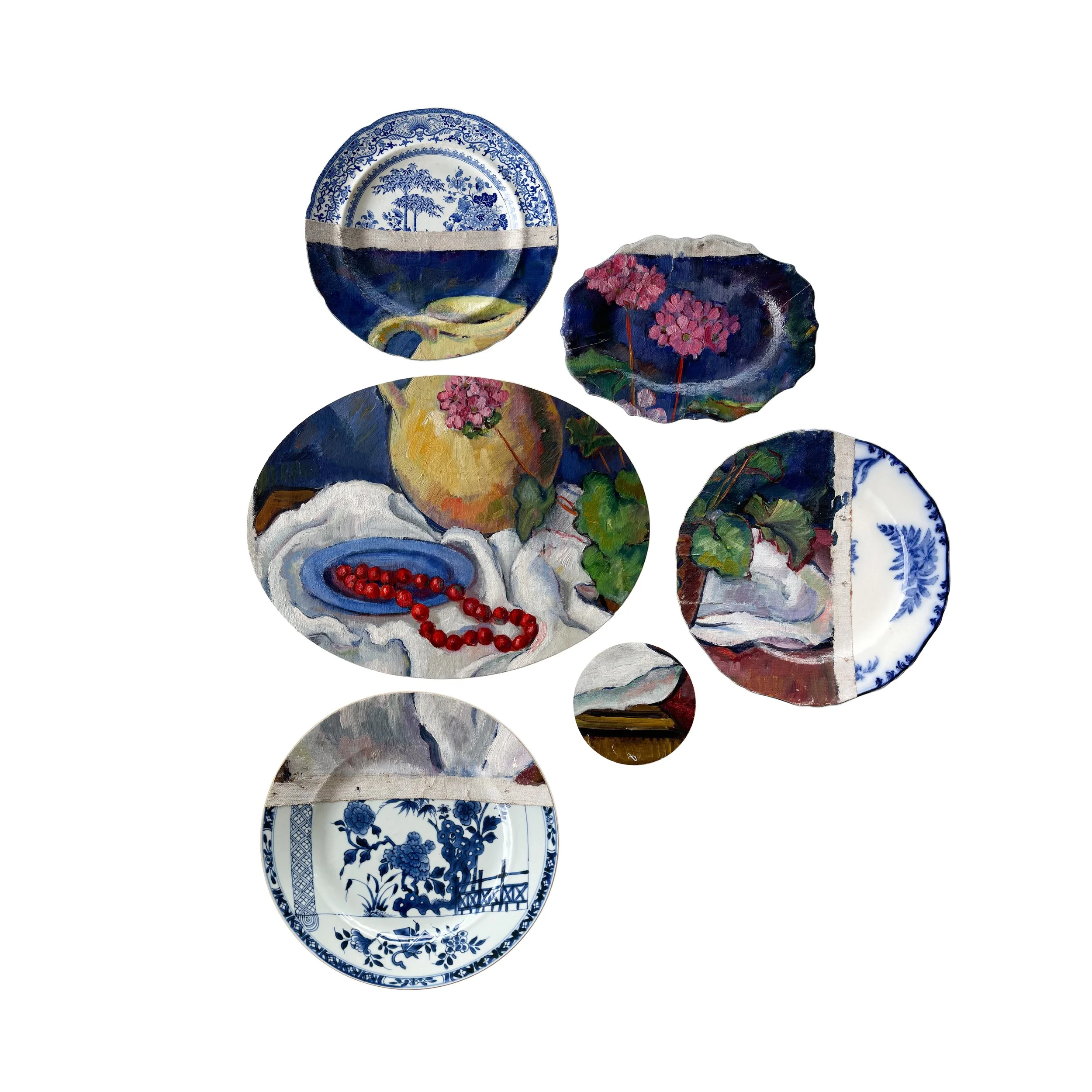 Unique wall installation featuring a collage of plates combined with a painting in oil on canvas