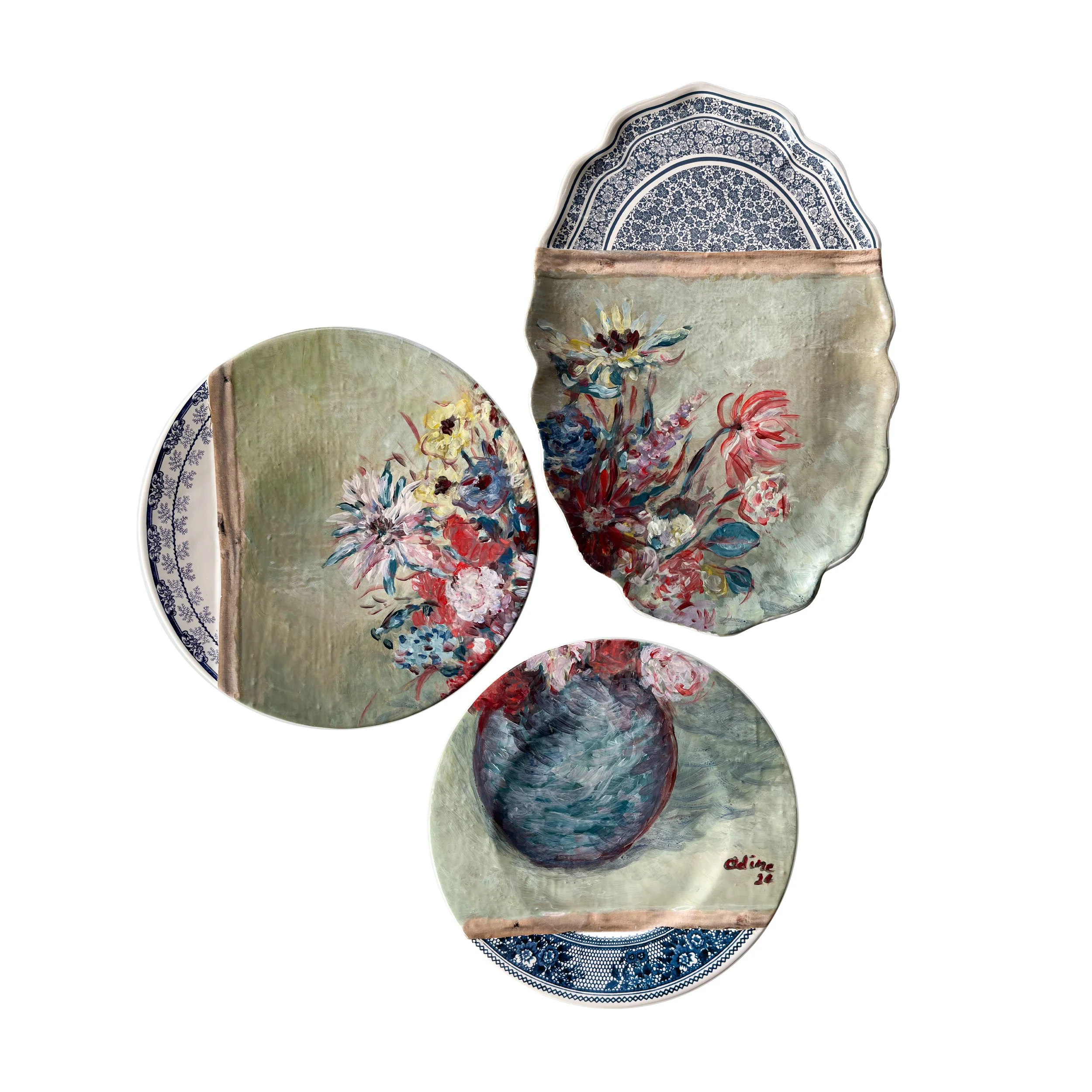 limited edition wall art installation of hand made plates with transfer image of painting, further hand painted with porcelain paint