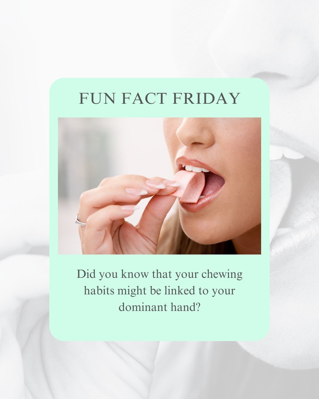 🎉 Fun Fact Friday! 

👉 If you're right-handed, you probably chew more on the right side of your mouth.
👈 And if you're left-handed, you might favour chewing on the left side.

It's just one of those quirky things about our bodies! 😄 

🦷 @Elstead