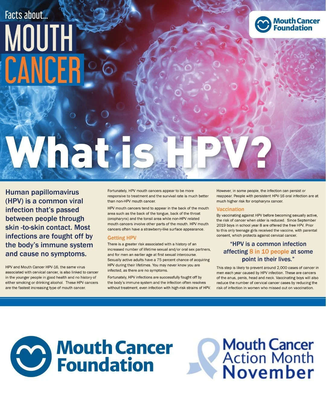 Did you know HPV, a common virus, is a rising cause of mouth cancer in young, healthy people? Early detection and awareness are key. 

Help us spread the word, check for signs, and stay informed 💙
