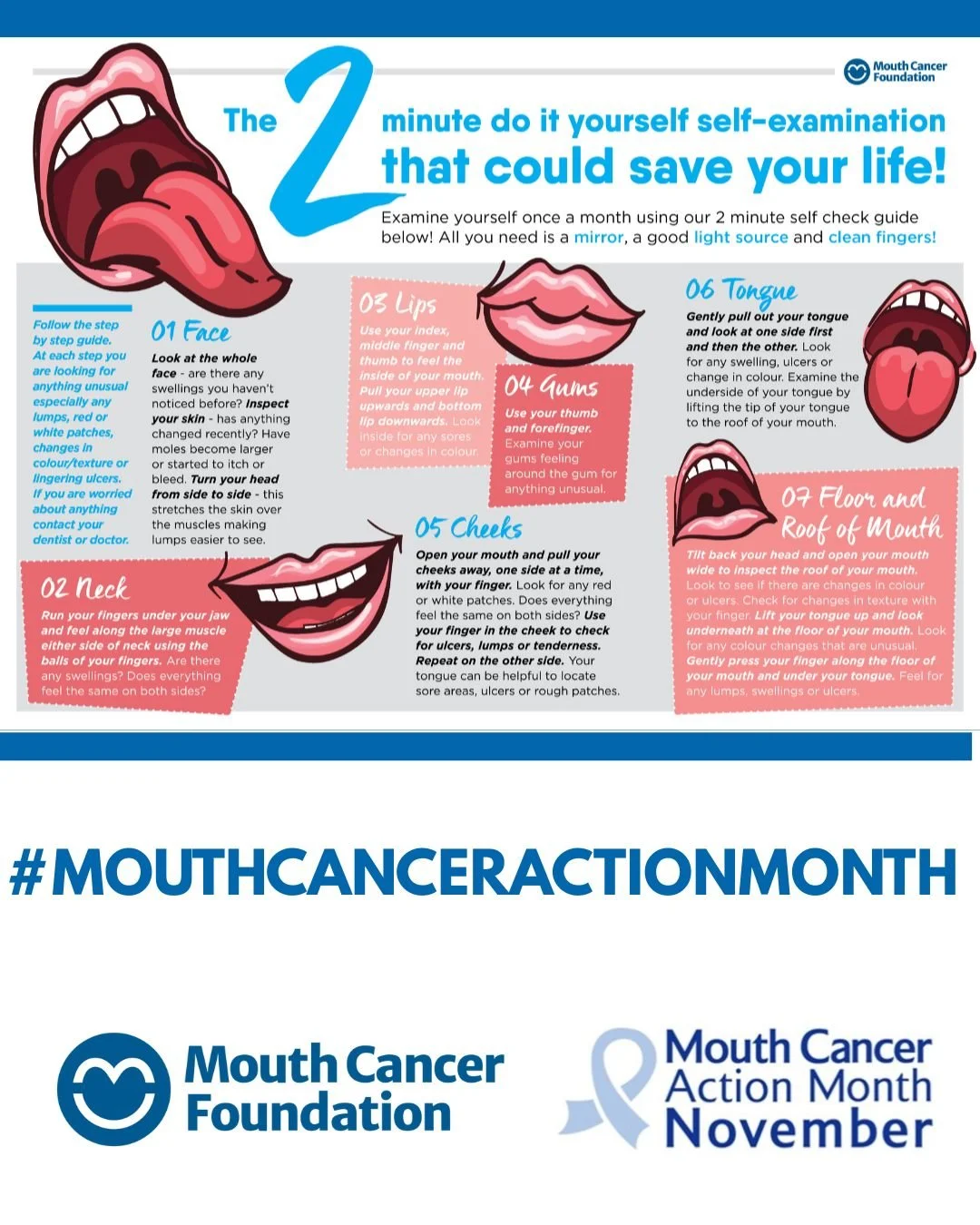 We&rsquo;re teaming up to raise awareness for Mouth Cancer Awareness Month! 

Checking for mouth cancer takes only 45 seconds and could save your life. 

🔹 Do a quick self-check &ndash; Look for:
Long-lasting mouth ulcers
Red or white patches
Any un