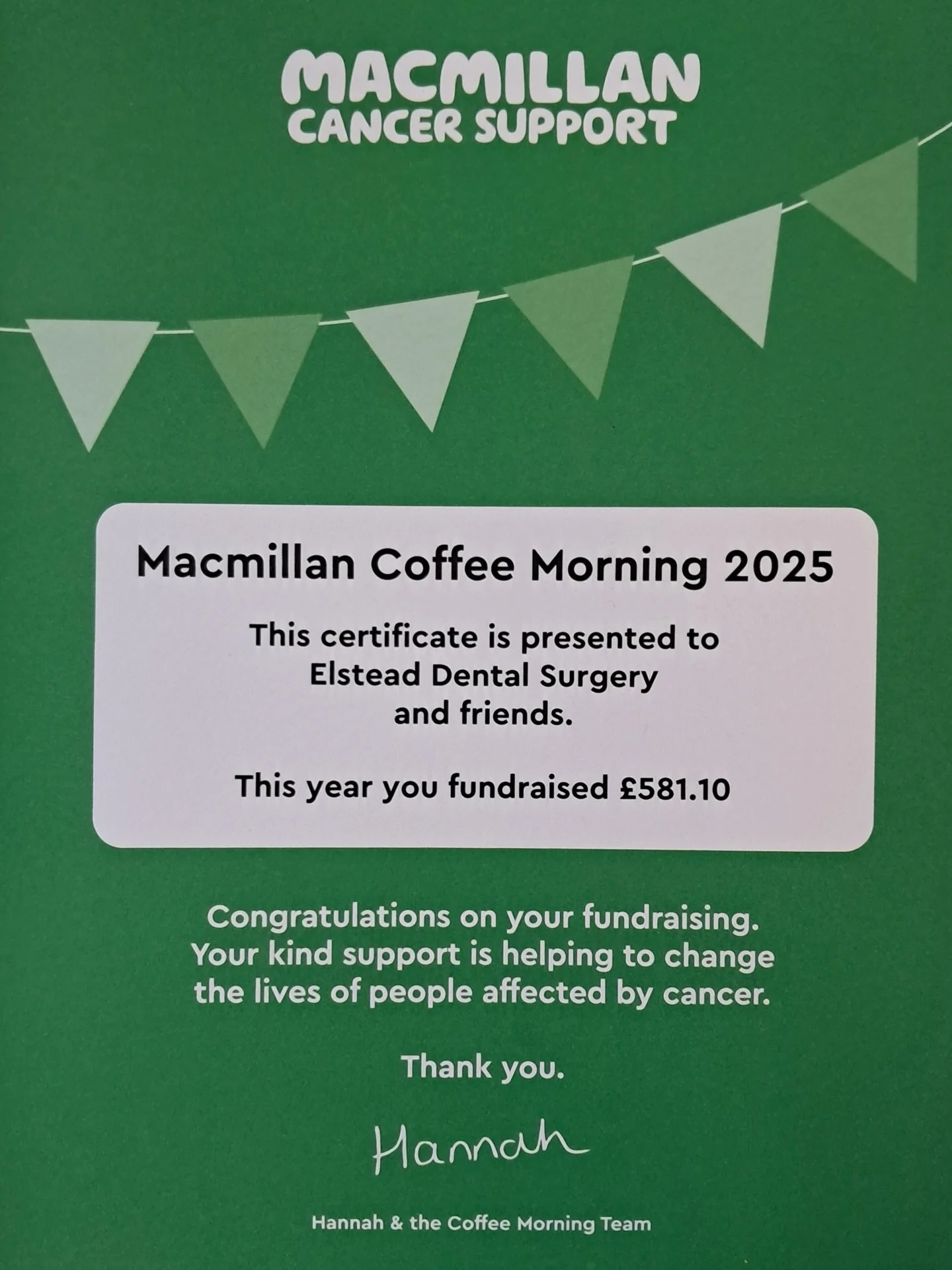 We&rsquo;re pleased to share our Macmillan certificate 💚

This cause really does mean a lot to our team, and we&rsquo;re incredibly grateful for every donation that helped us raise such an amazing total.

Thank you 💚