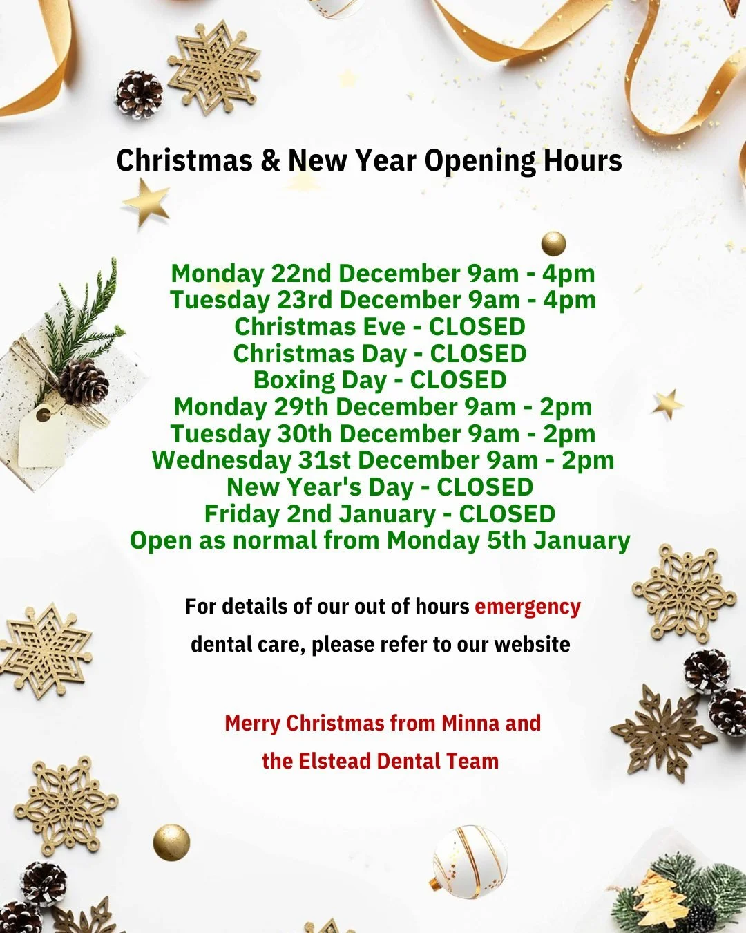 🎄 Festive Hours at Elstead Dental Surgery! 🎅🏼

Planning your dental visits around the holidays? Here's our Christmas and New Year opening hours to keep your smile shining bright! ✨

📞 Need assistance or to book an appointment? Give us a call!