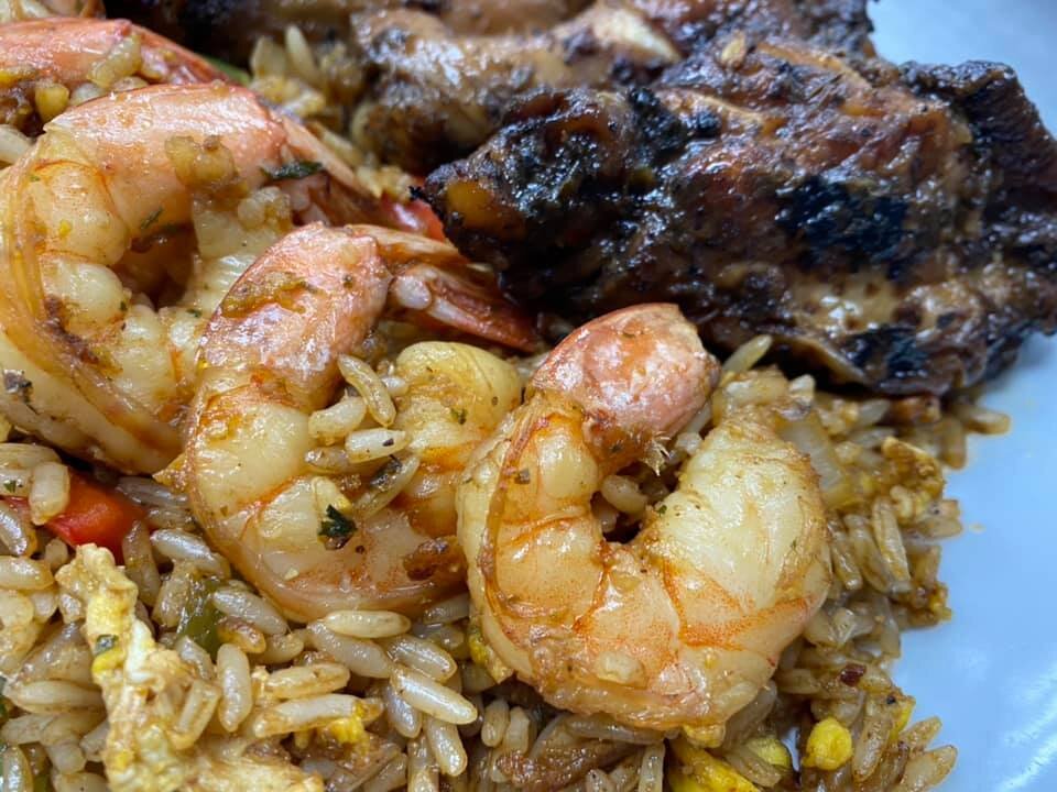 Fried Rice With Shrimp and Jerk Wings