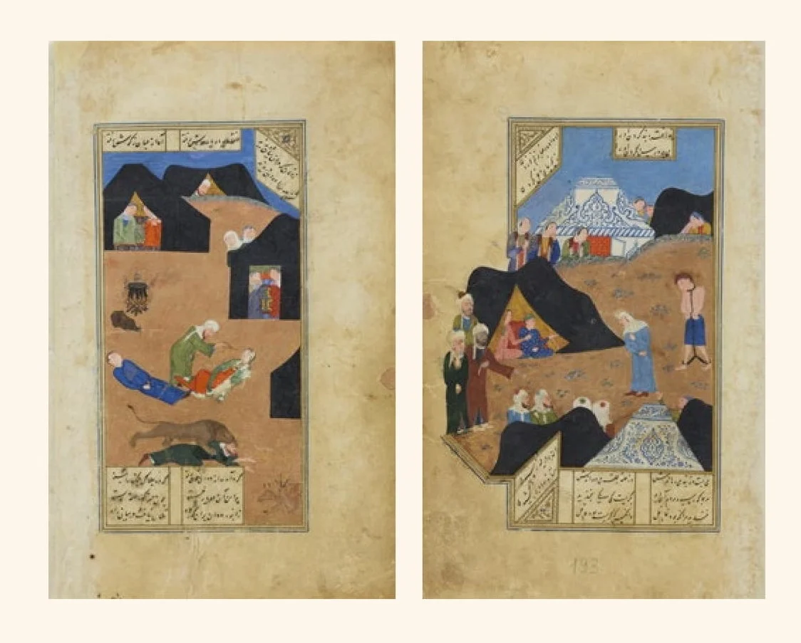 (L) Layla and Majnun Faint on Meeting, Miniature, gouache, Iran, 1431, Timurid Dyansty, The State Hermitage Museum, St Petersburg. Photograph: The State Hermitage Museum. (R) Majnun Brought to Layla’s Tent by the Old Woman, Miniature, gouache, Iran, 1431, Timurid Dyansty, The State Hermitage Museum, St Petersburg. Photograph: The State Hermitage Museum.