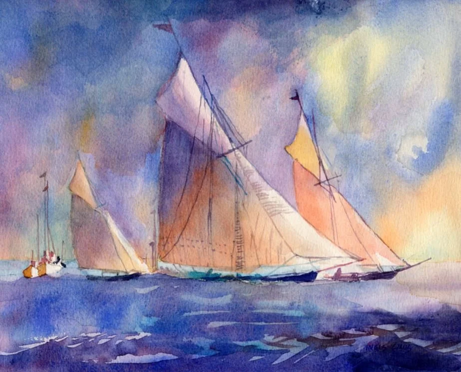 Gail Ingis Sail boats, deep blues background.JPG