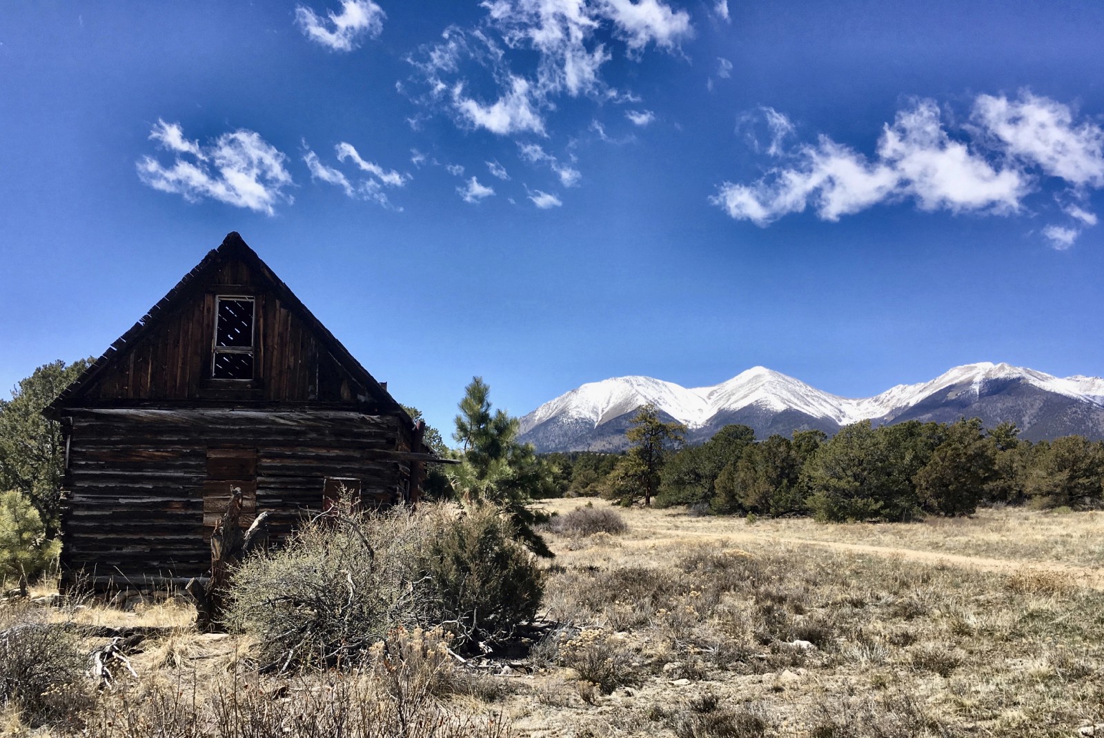 Snow-covered Shavano and Tabeguache rising behind an abandoned cabin. Photo: Greg Heil