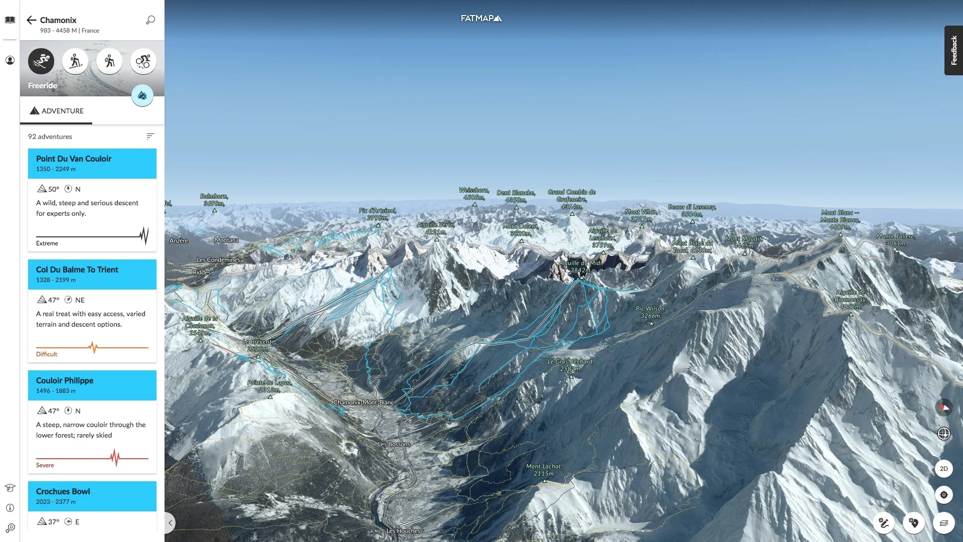 A view across Chamonix, France and exploring the freeriding options.