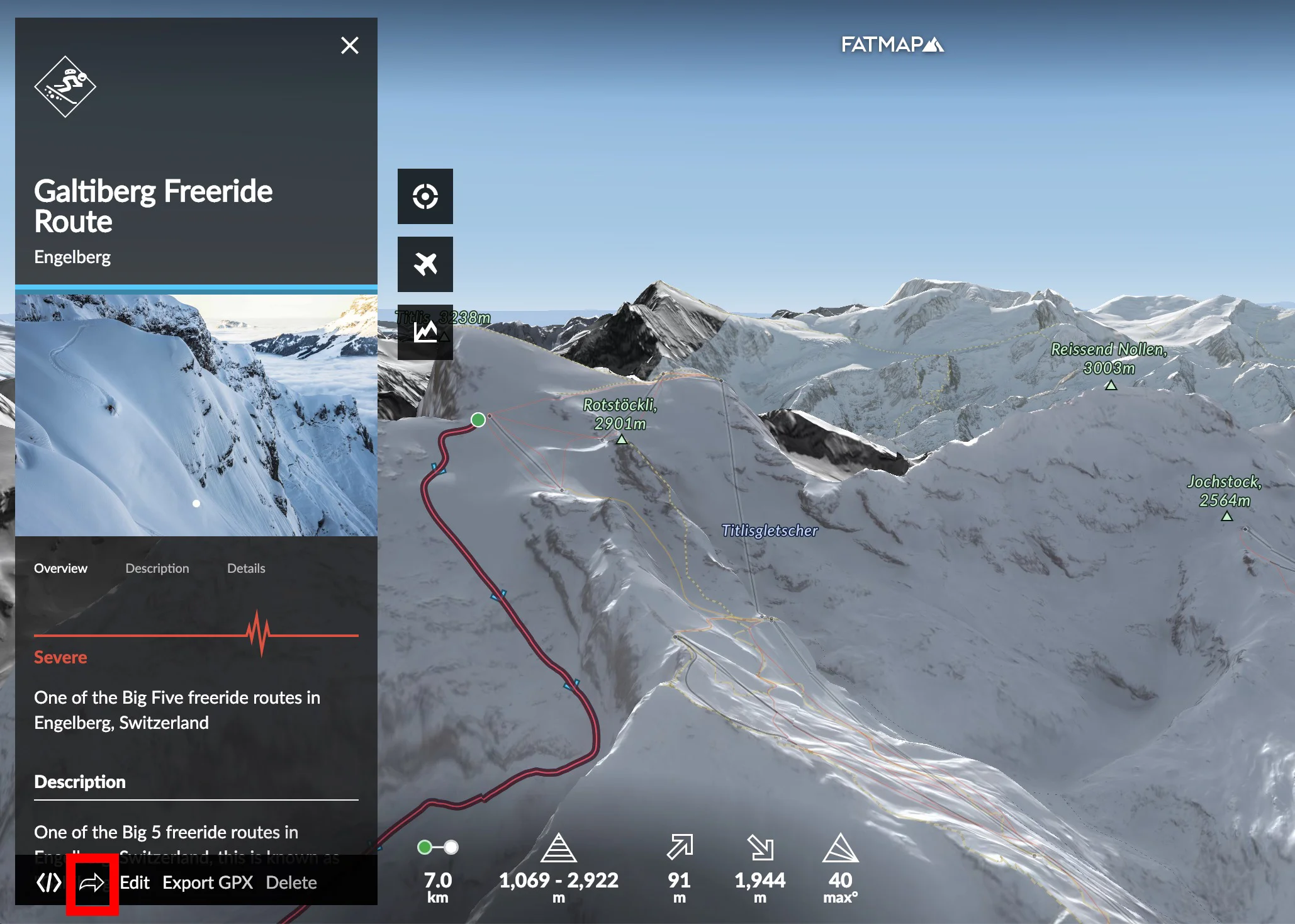 The share button on the FATMAP web platform