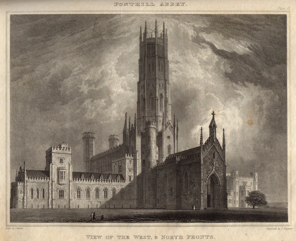 T. Higham and Z. Martin, A view of the north and west fronts of Fonthill Abbey, 1823, from J. Rutter Delineations of Fonthill and its Abbey, 1823, London.