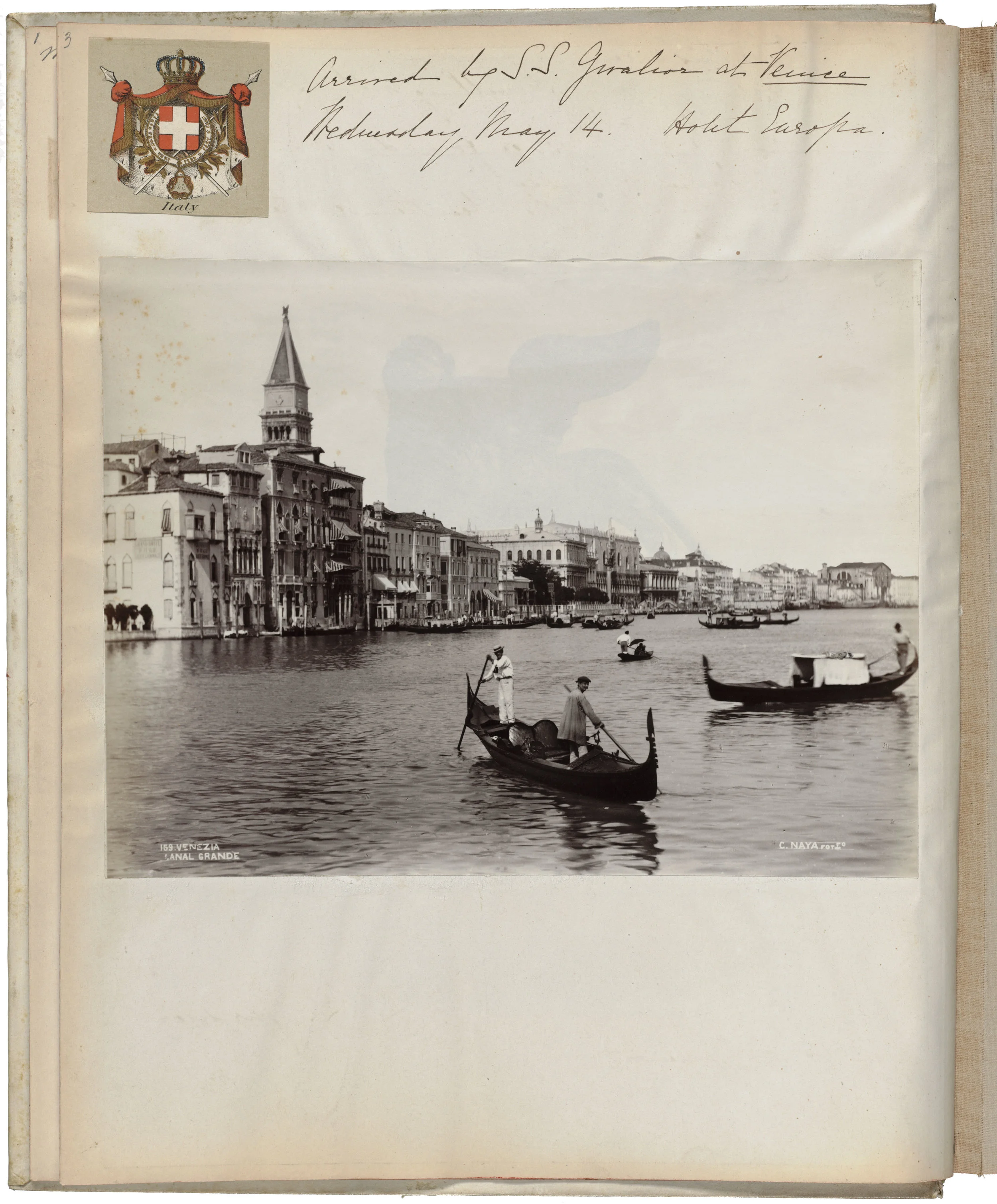 John L. Gardner, Jr., Isabella Stewart Gardner and Gaillard Lapsley in a gondola, Venice, 1897: from Guest Book Volume III, Boston, Isabella Stewart Gardner Museum.