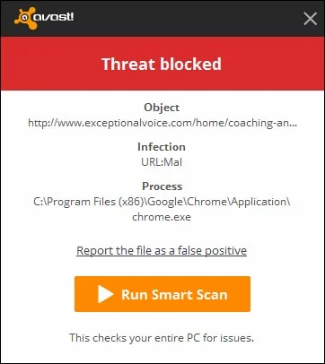 This, on the other hand, is a legitimate notification from the Antivirus Software Avast. It blocked an actual threat on a machine. Notice that they aren’t asking for a phone call about it! Legitimate errors and notifications will never include a phone number!